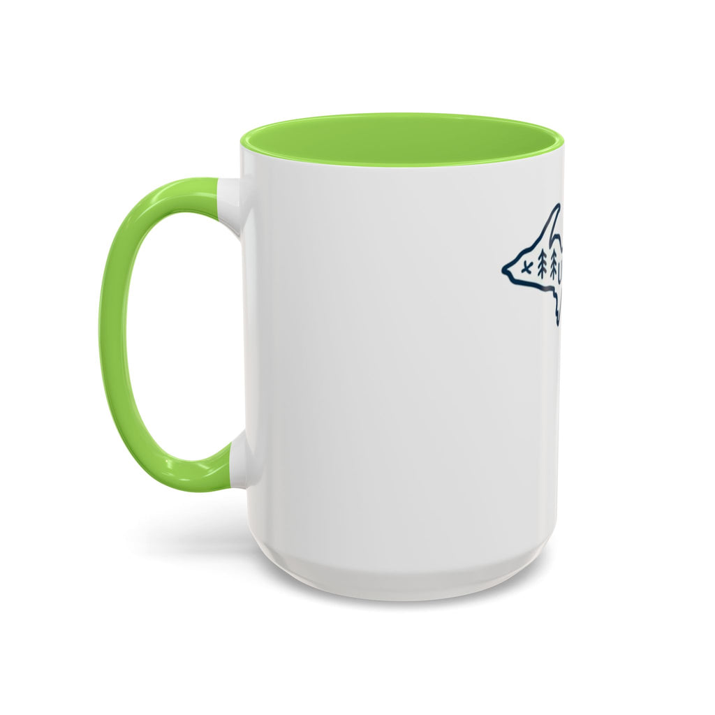 Michigan Outline Mug with UP & Outdoor Icons – Great Lakes State Coffee Cup (11oz/15oz)
