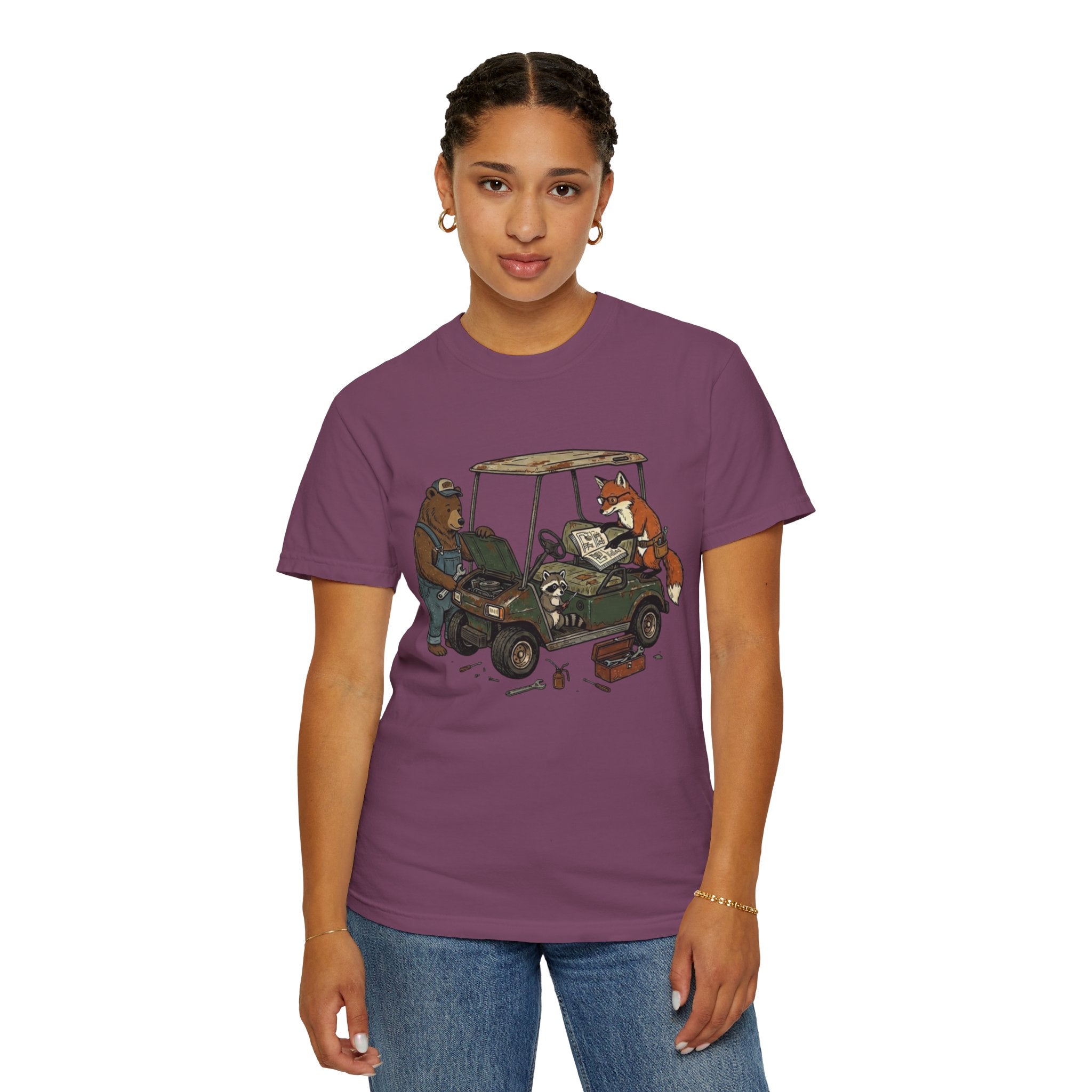 Golf Cart Mechanics T-Shirt — Bear & Fox Cartoon Repair Design