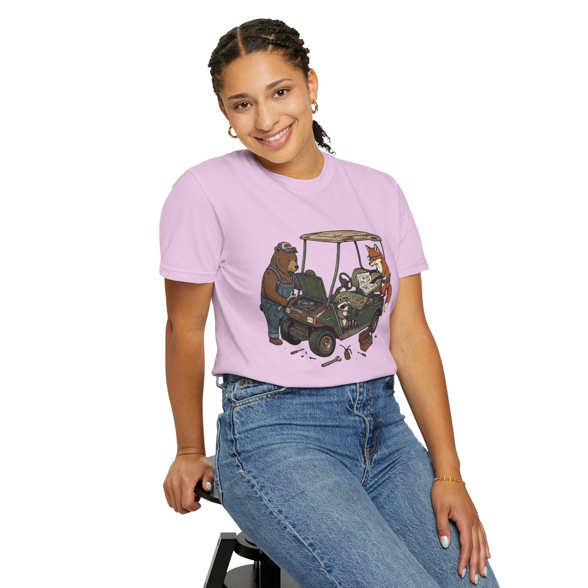 Golf Cart Mechanics T-Shirt — Bear & Fox Repairing Cart Illustration