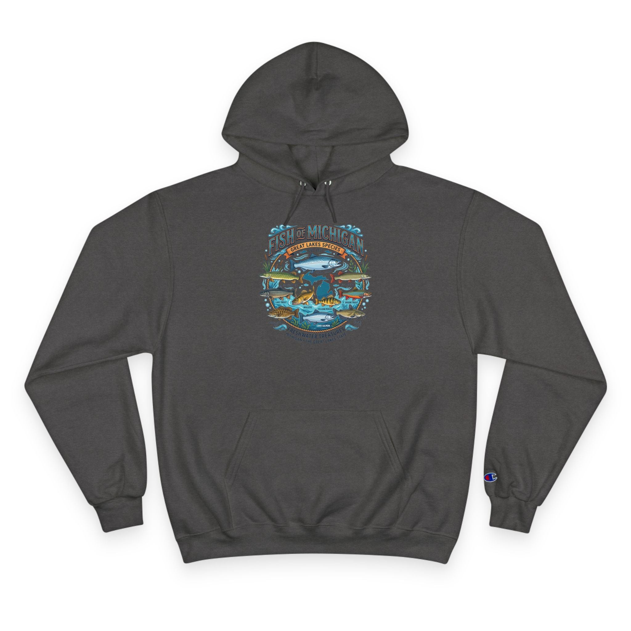 Retro Fishing Lakes Graphic Pullover Hoodie — Champion Hoodie