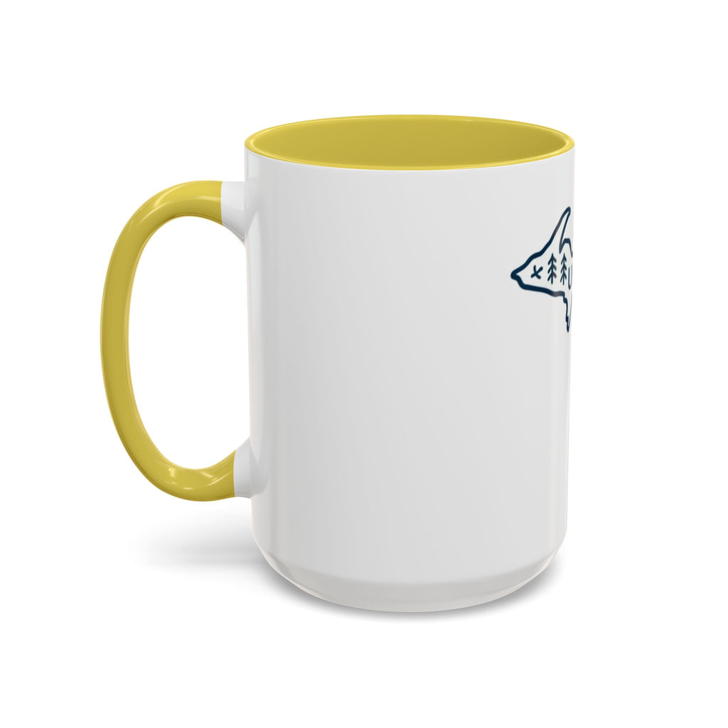 Michigan Outline Mug with UP & Outdoor Icons – Great Lakes State Coffee Cup (11oz/15oz)