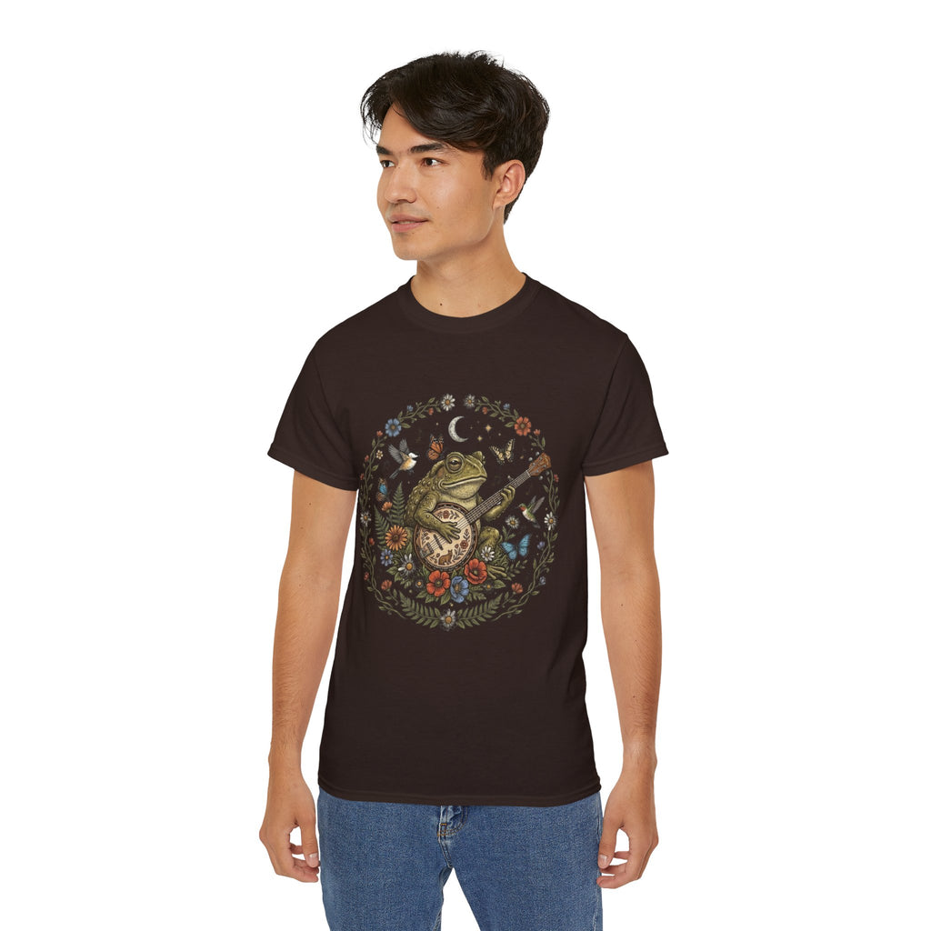 Folk Art Toad Banjo Tee — Floral Moonlight Frog Banjo  T-Shirt