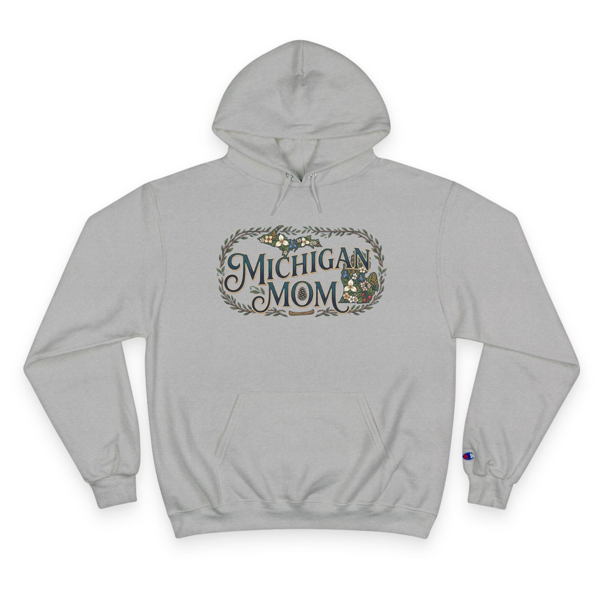 Michigan Mom Hoodie – Champion Pullover with Vintage State Floral Design