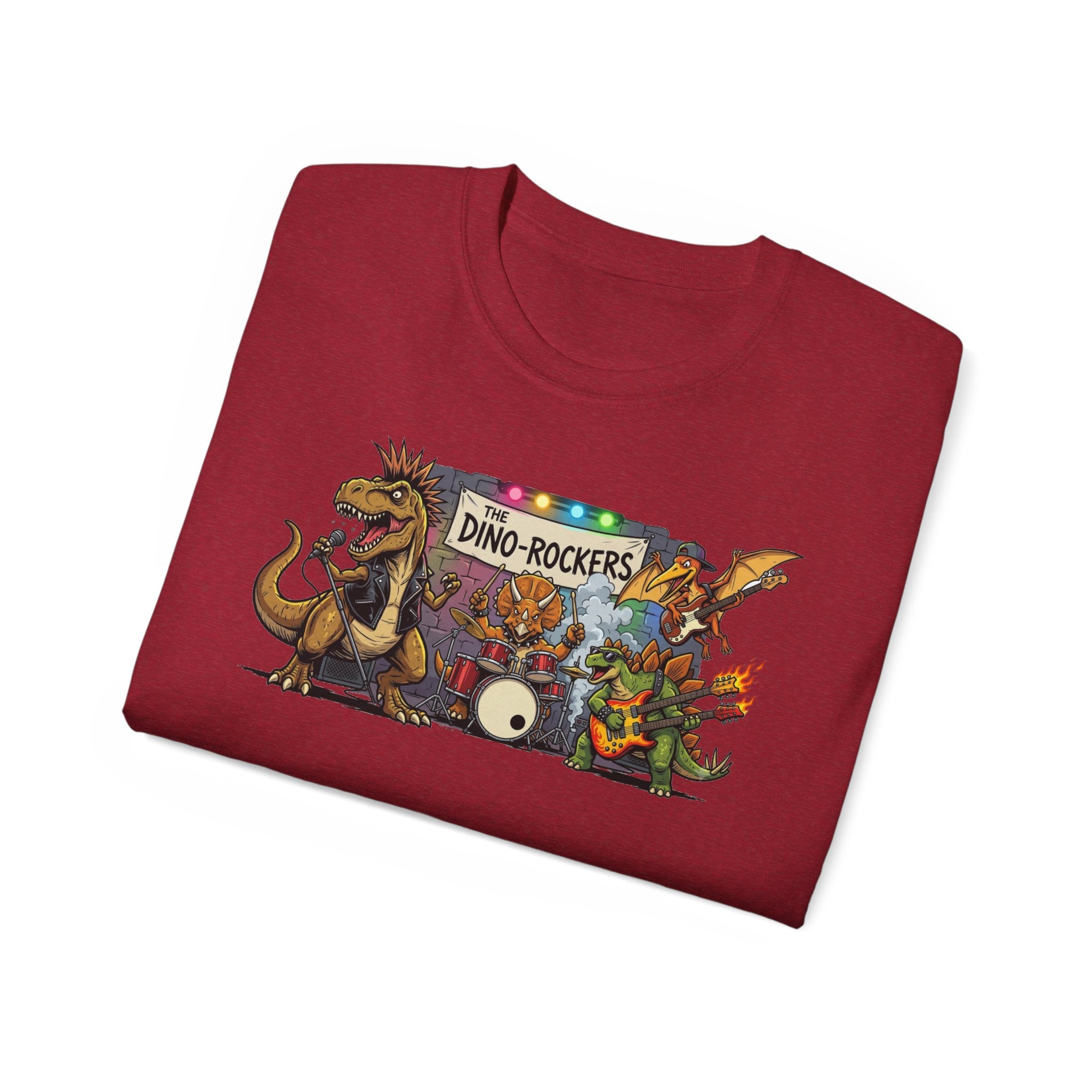 Dino Rockers T-Shirt – Retro Dinosaur Band Graphic Tee