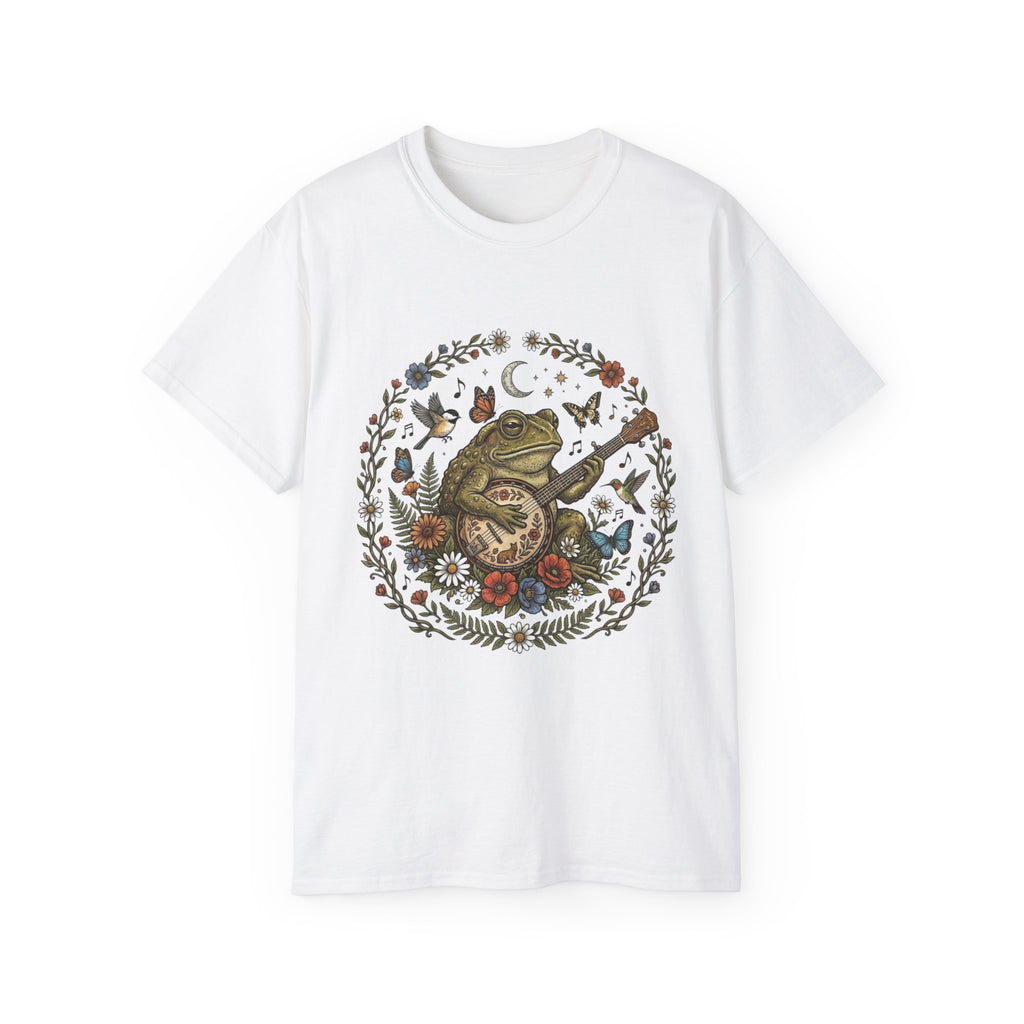 Folk Art Toad Banjo Tee — Floral Moonlight Frog Banjo  T-Shirt