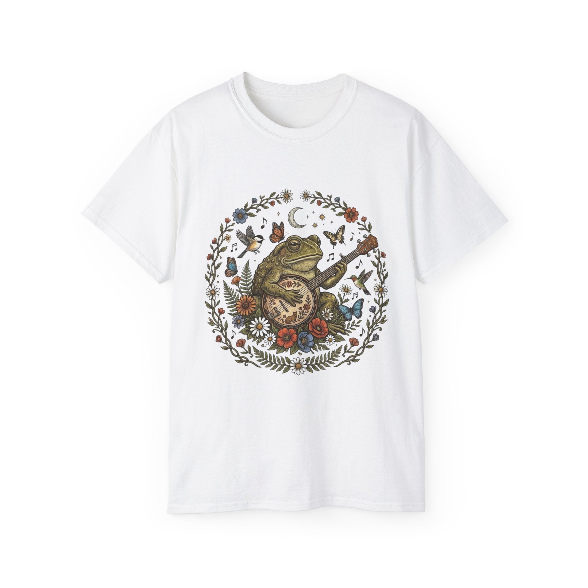 Folk Art Toad Banjo Tee — Floral Moonlight Frog Banjo  T-Shirt
