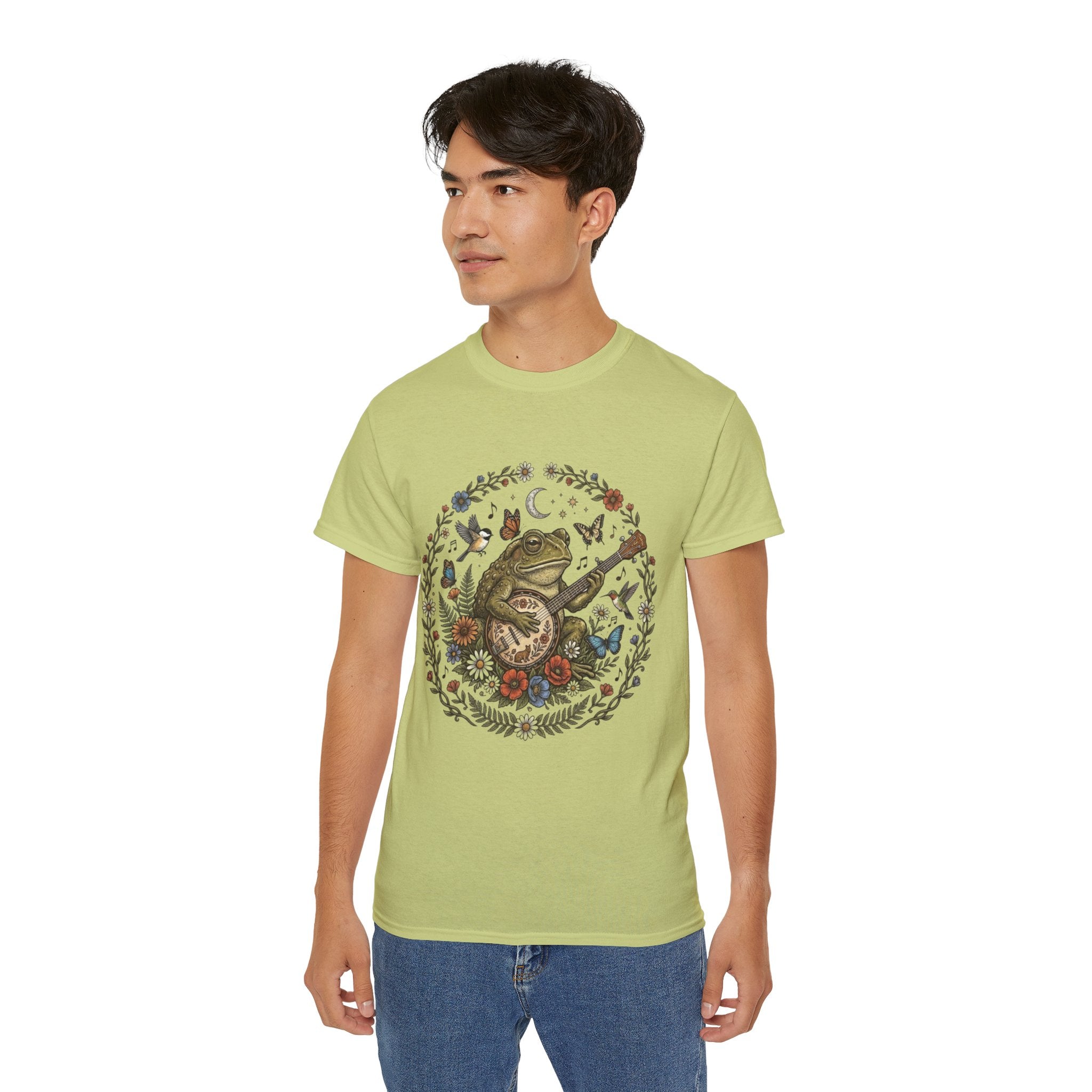 Folk Art Toad Banjo Tee — Floral Moonlight Frog Banjo  T-Shirt