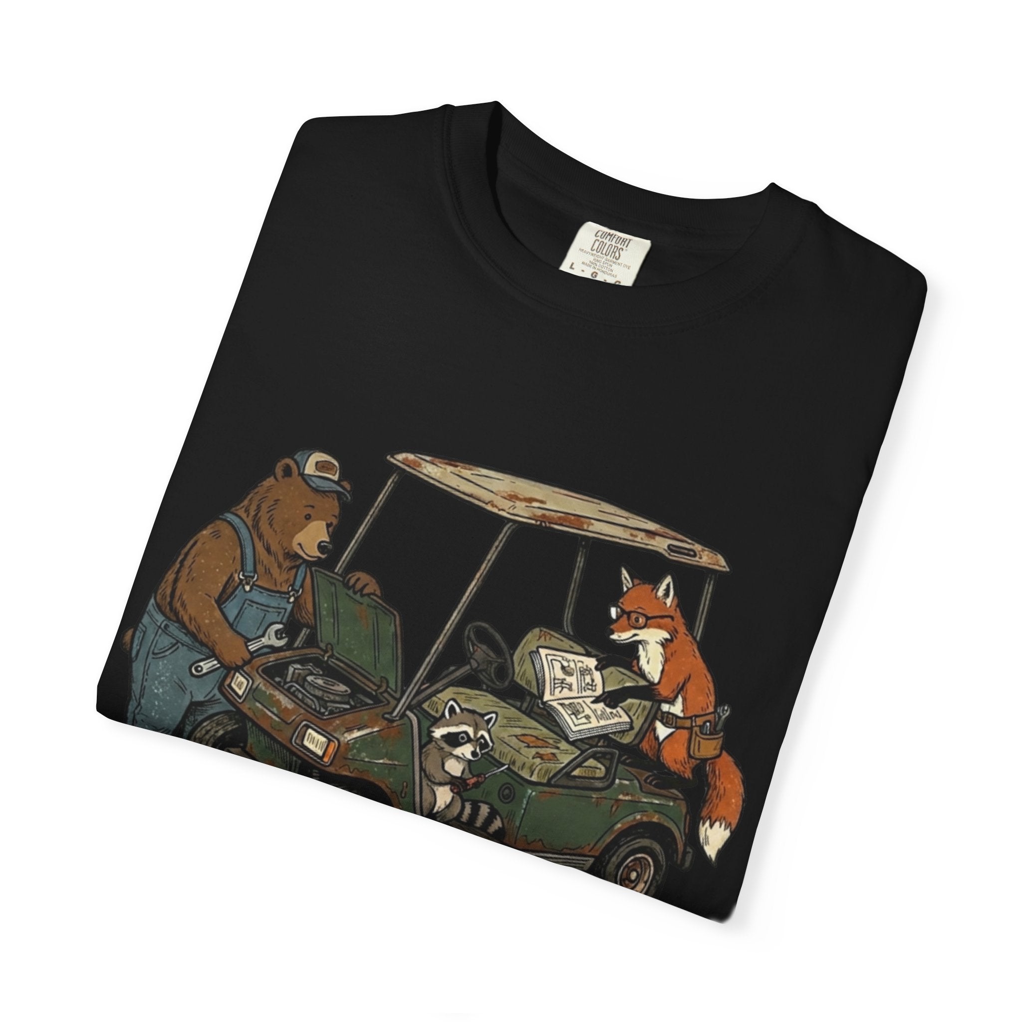 Golf Cart Mechanics T-Shirt — Bear & Fox Cartoon Repair Design