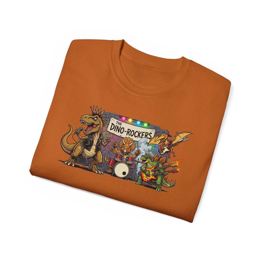 Dino Rockers T-Shirt – Retro Dinosaur Band Graphic Tee
