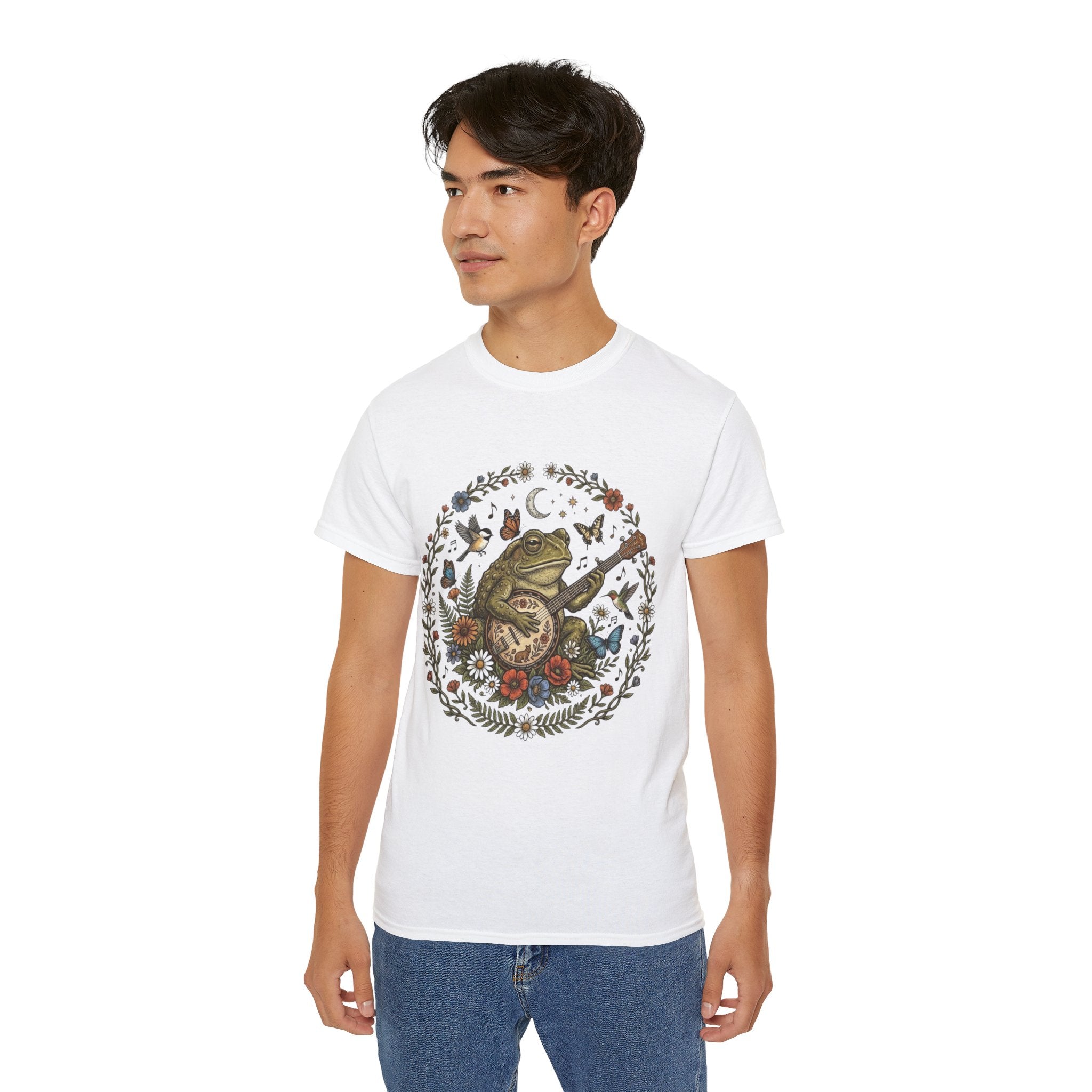 Folk Art Toad Banjo Tee — Floral Moonlight Frog Banjo  T-Shirt