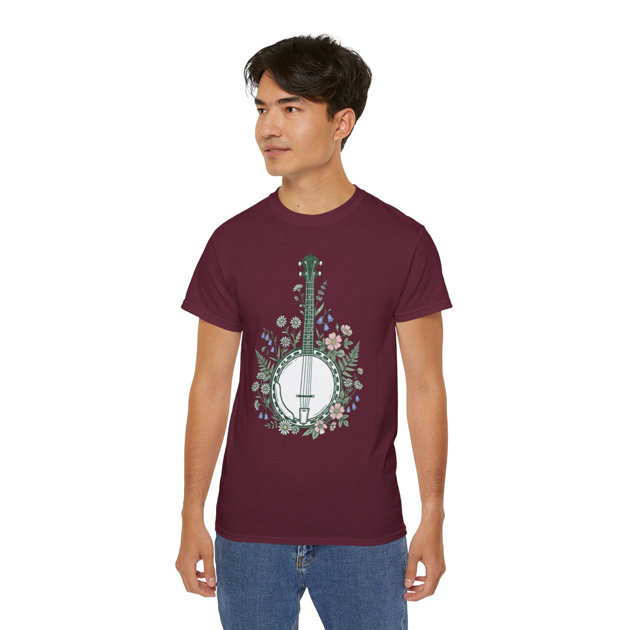 Floral Banjo Tee — Botanical Music Graphic T-Shirt