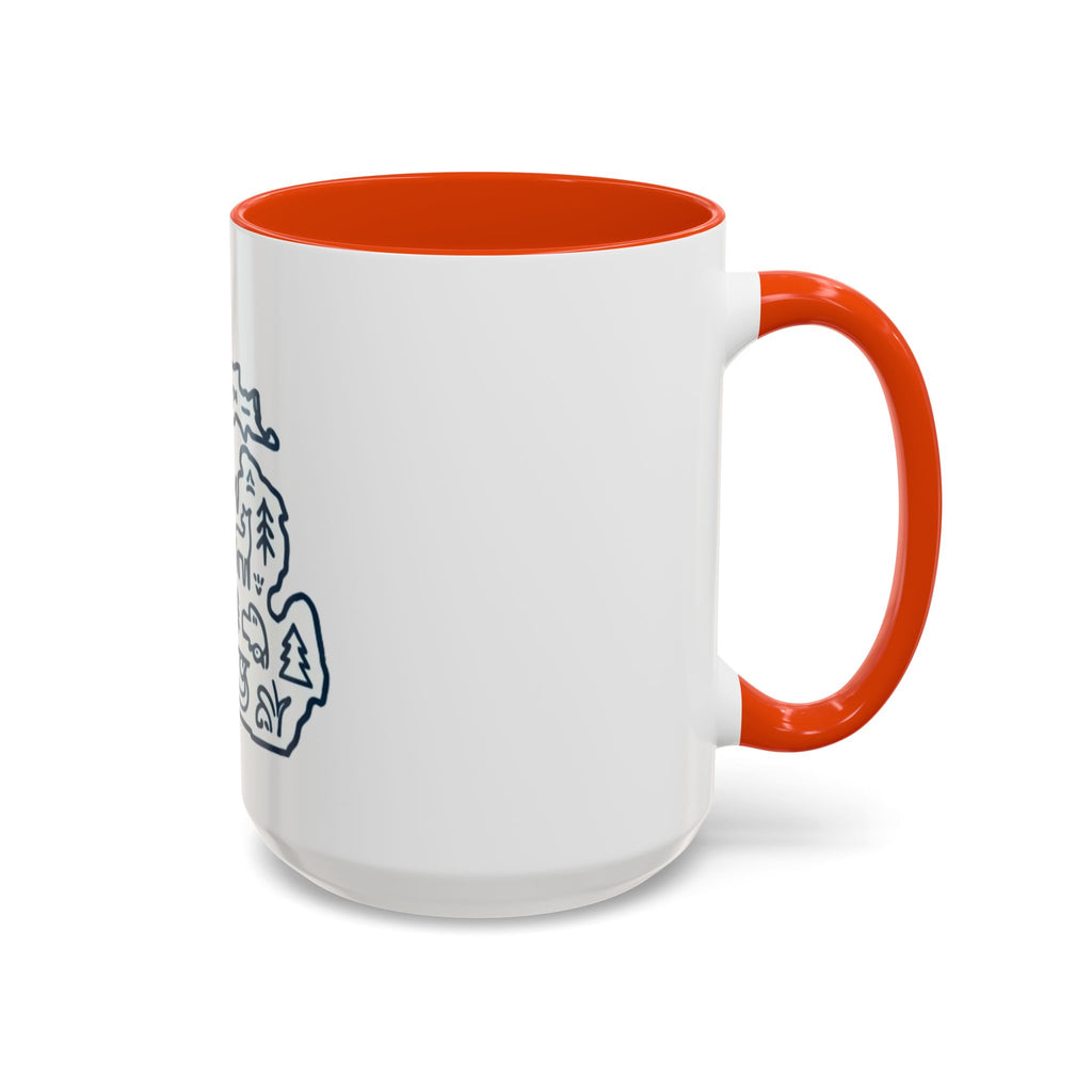 Michigan Outline Mug with UP & Outdoor Icons – Great Lakes State Coffee Cup (11oz/15oz)