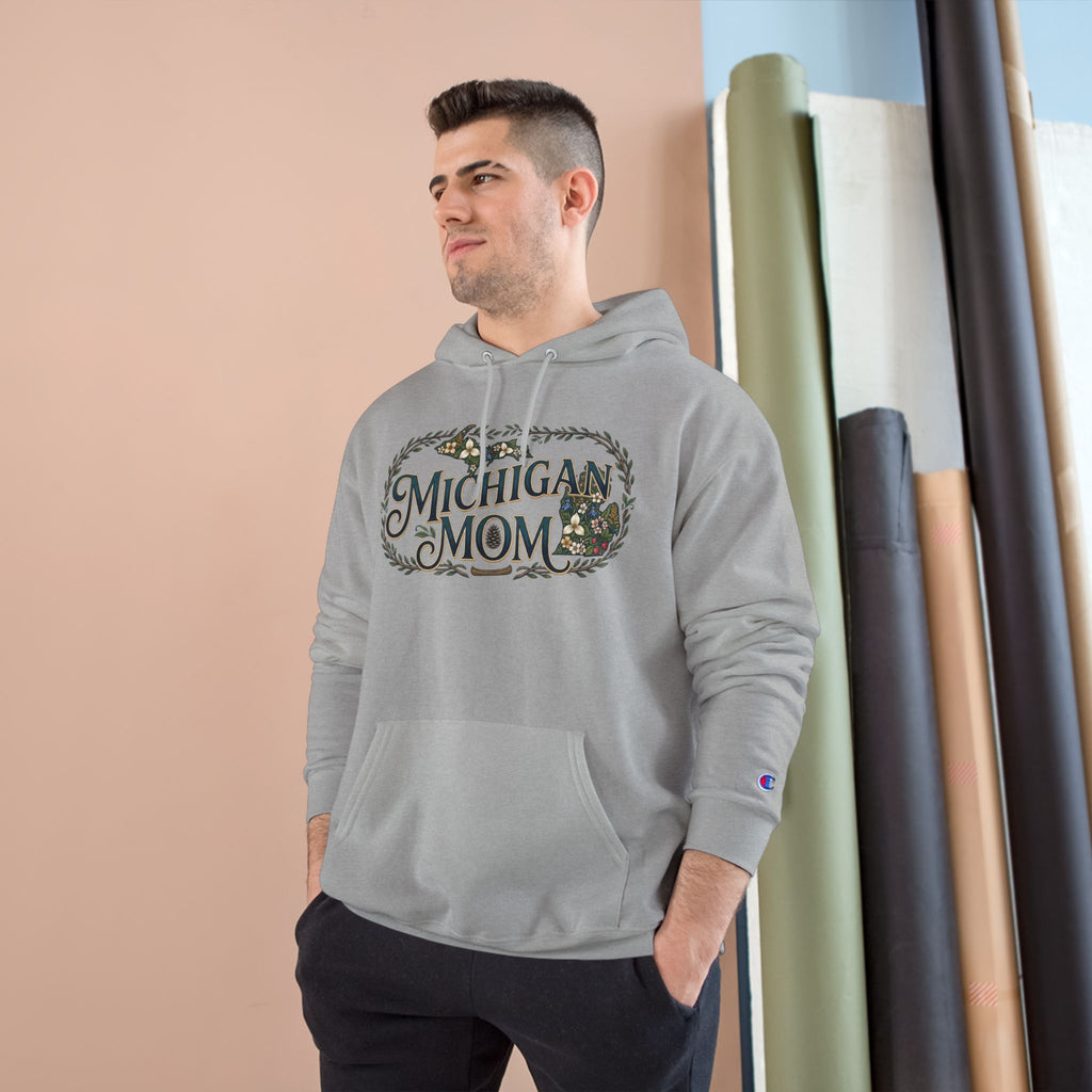 Michigan Mom Hoodie – Champion Pullover with Vintage State Floral Design
