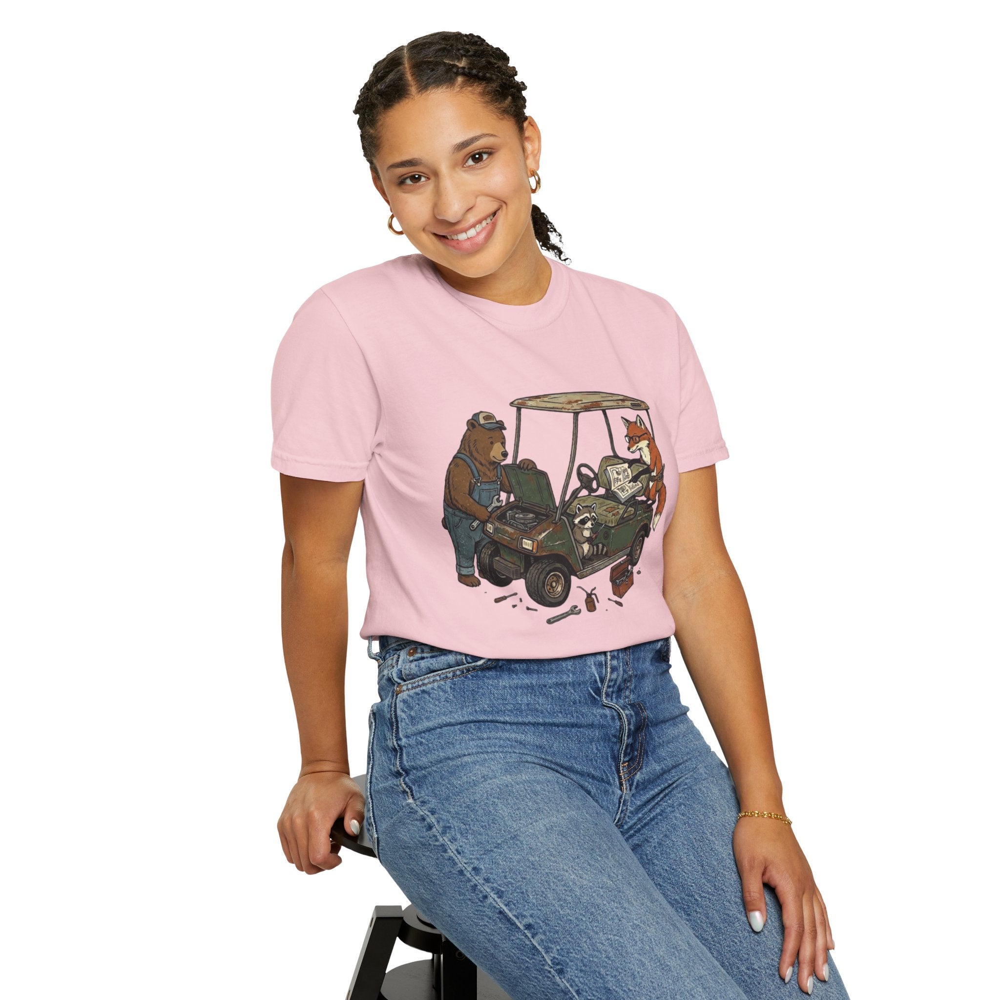 Golf Cart Mechanics T-Shirt — Bear & Fox Repairing Cart Illustration