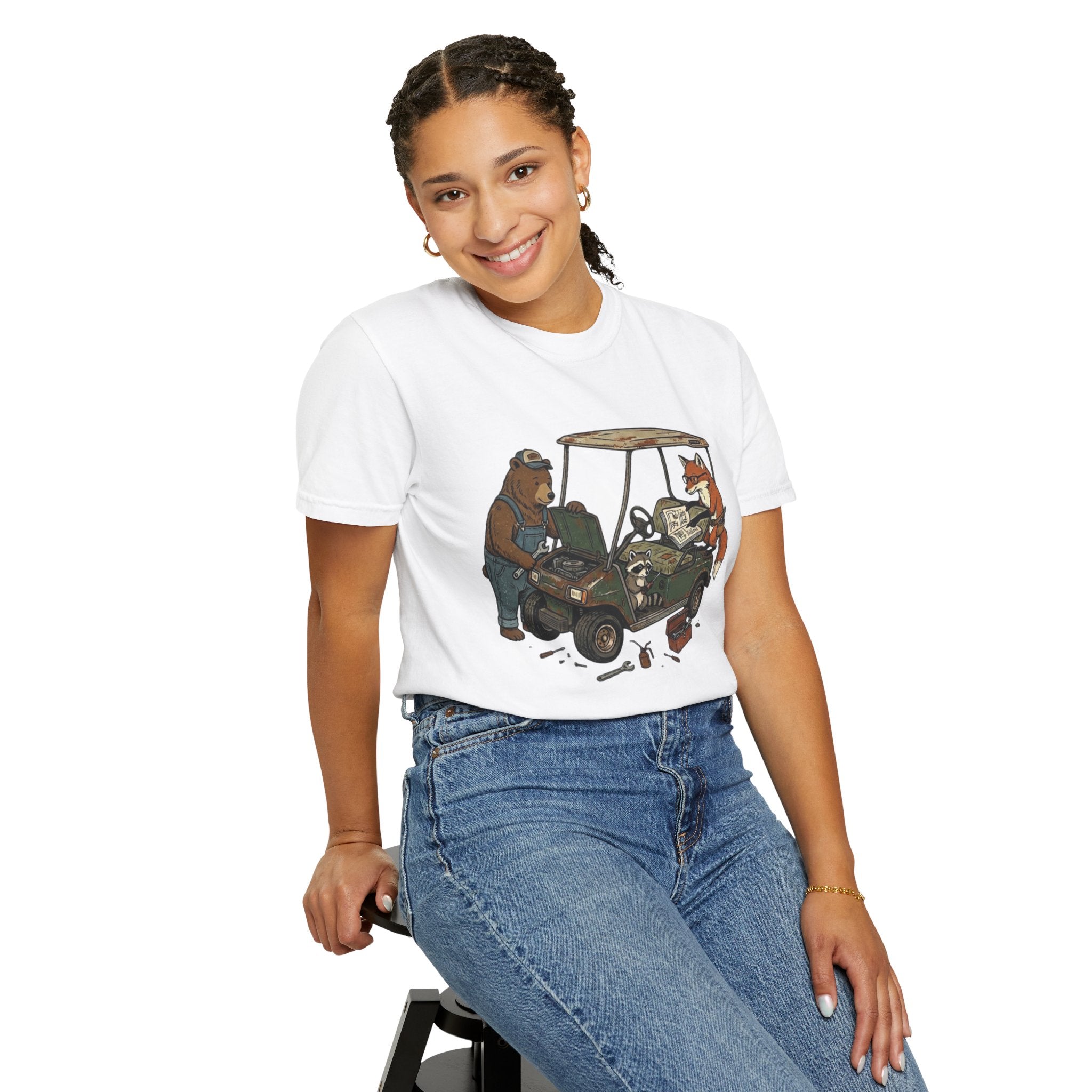 Golf Cart Mechanics T-Shirt — Bear & Fox Repairing Cart Illustration