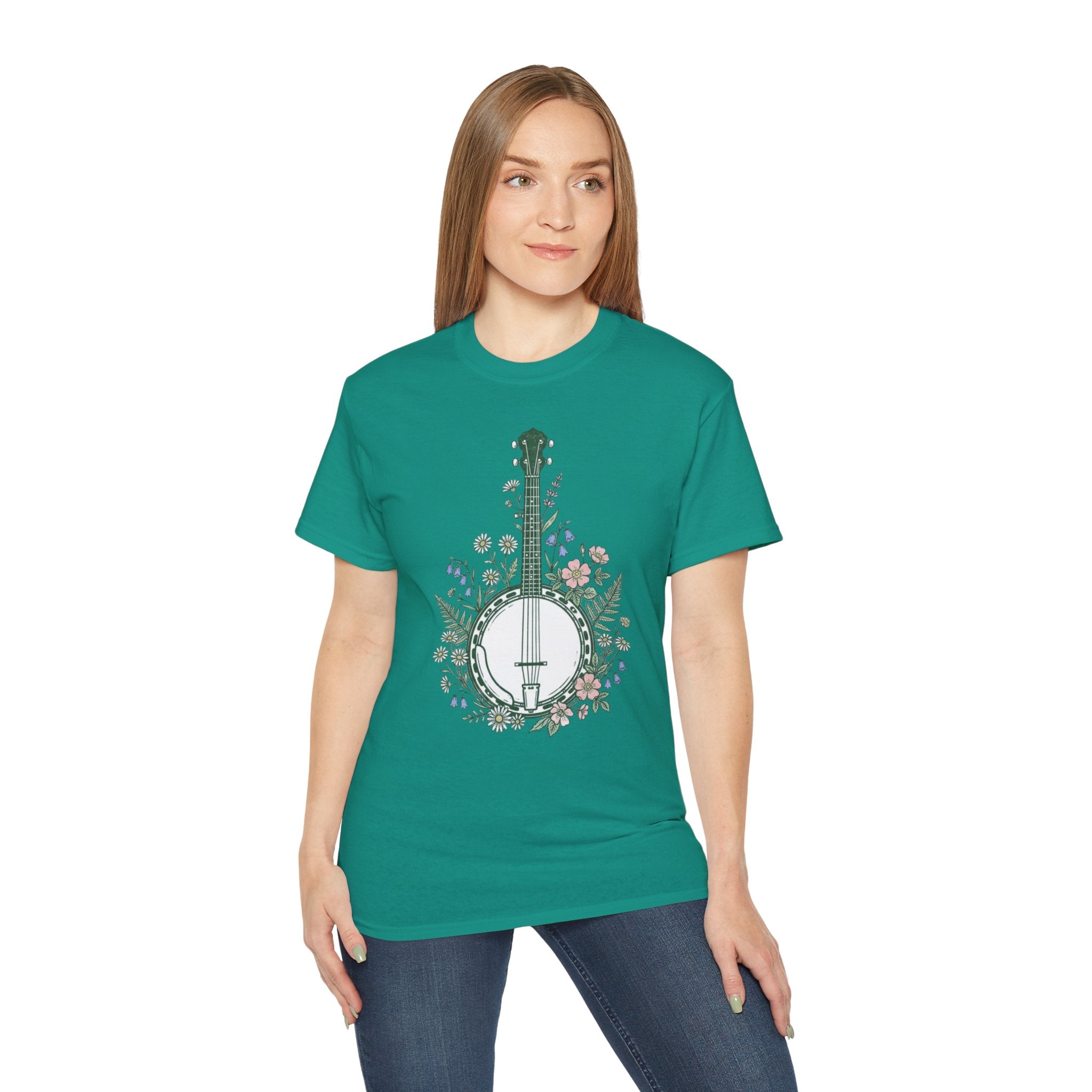 Floral Banjo Tee — Botanical Music Graphic T-Shirt