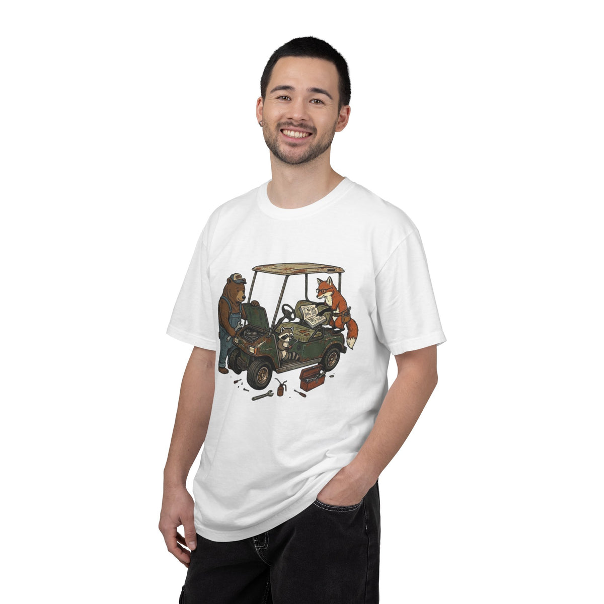 Golf Cart Mechanics T-Shirt — Bear & Fox Cartoon Repair Design