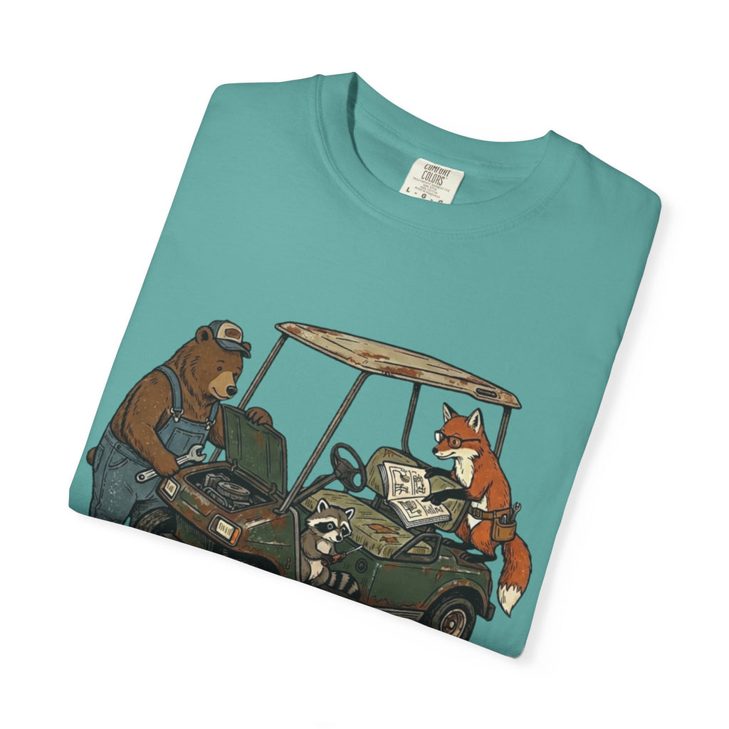 Golf Cart Mechanics T-Shirt — Bear & Fox Cartoon Repair Design