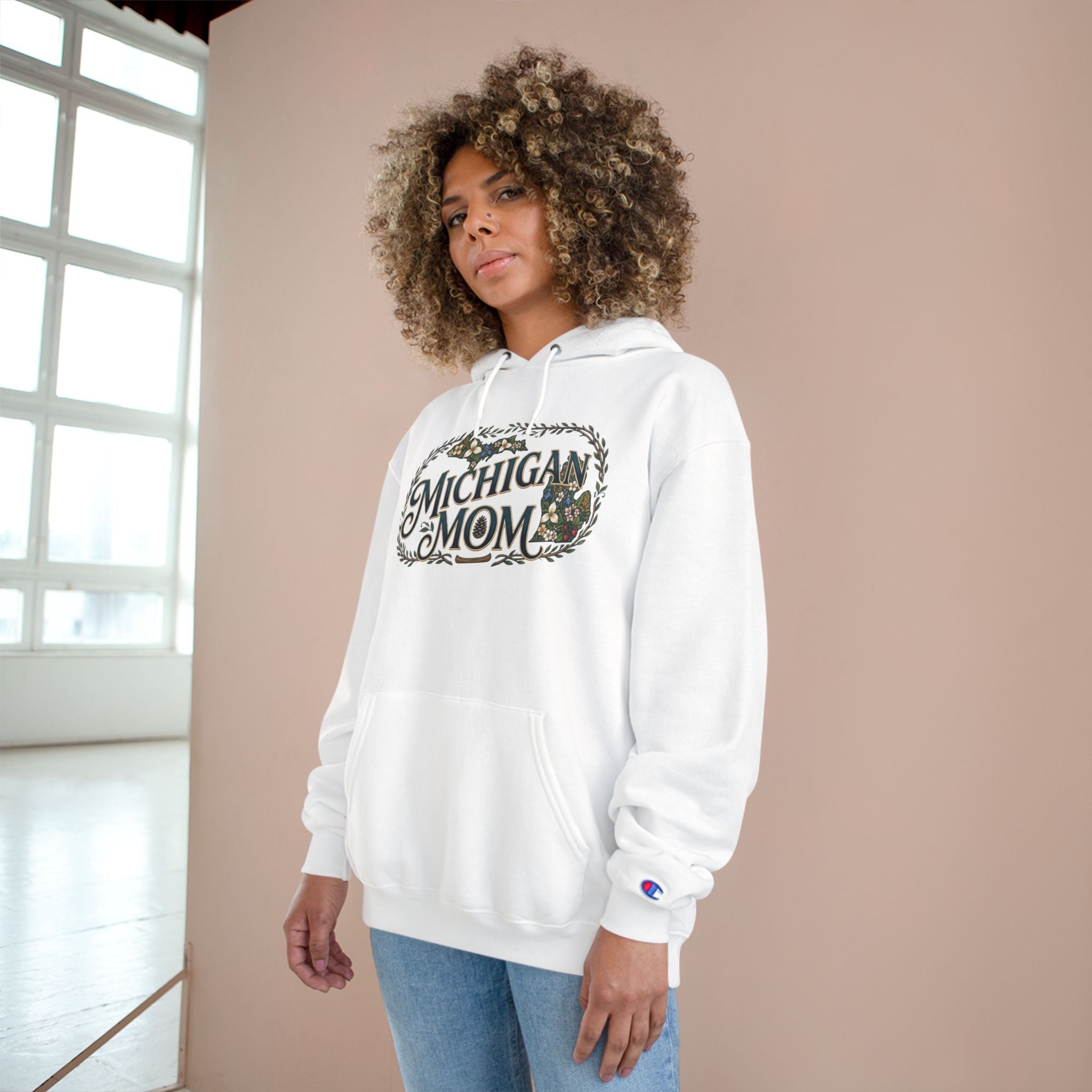 Michigan Mom Hoodie – Champion Pullover with Vintage State Floral Design