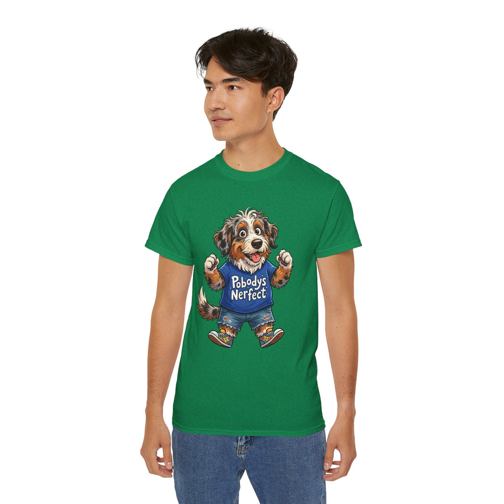 Dog Lover T‑Shirt – Cute Pup Wearing “Pobody's Nerfect” Shirt (Funny Pet Tee)