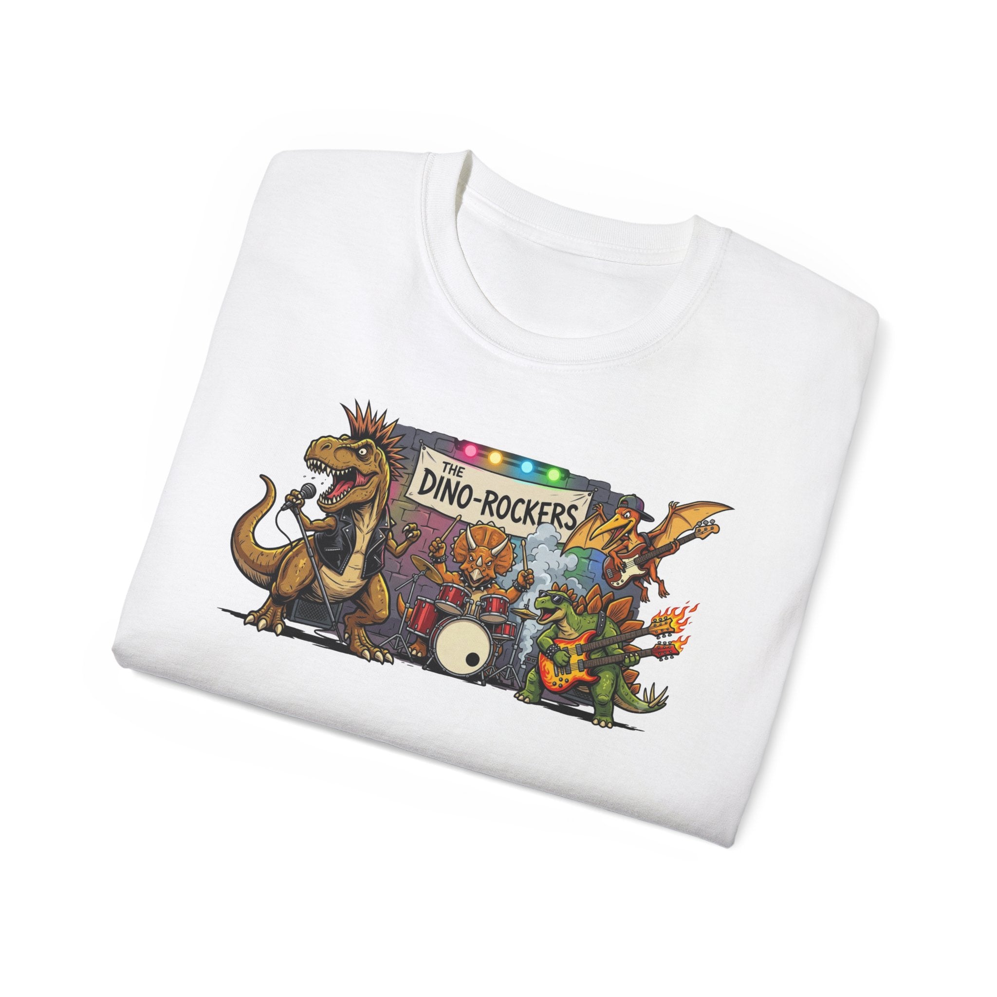 Dino Rockers T-Shirt – Retro Dinosaur Band Graphic Tee