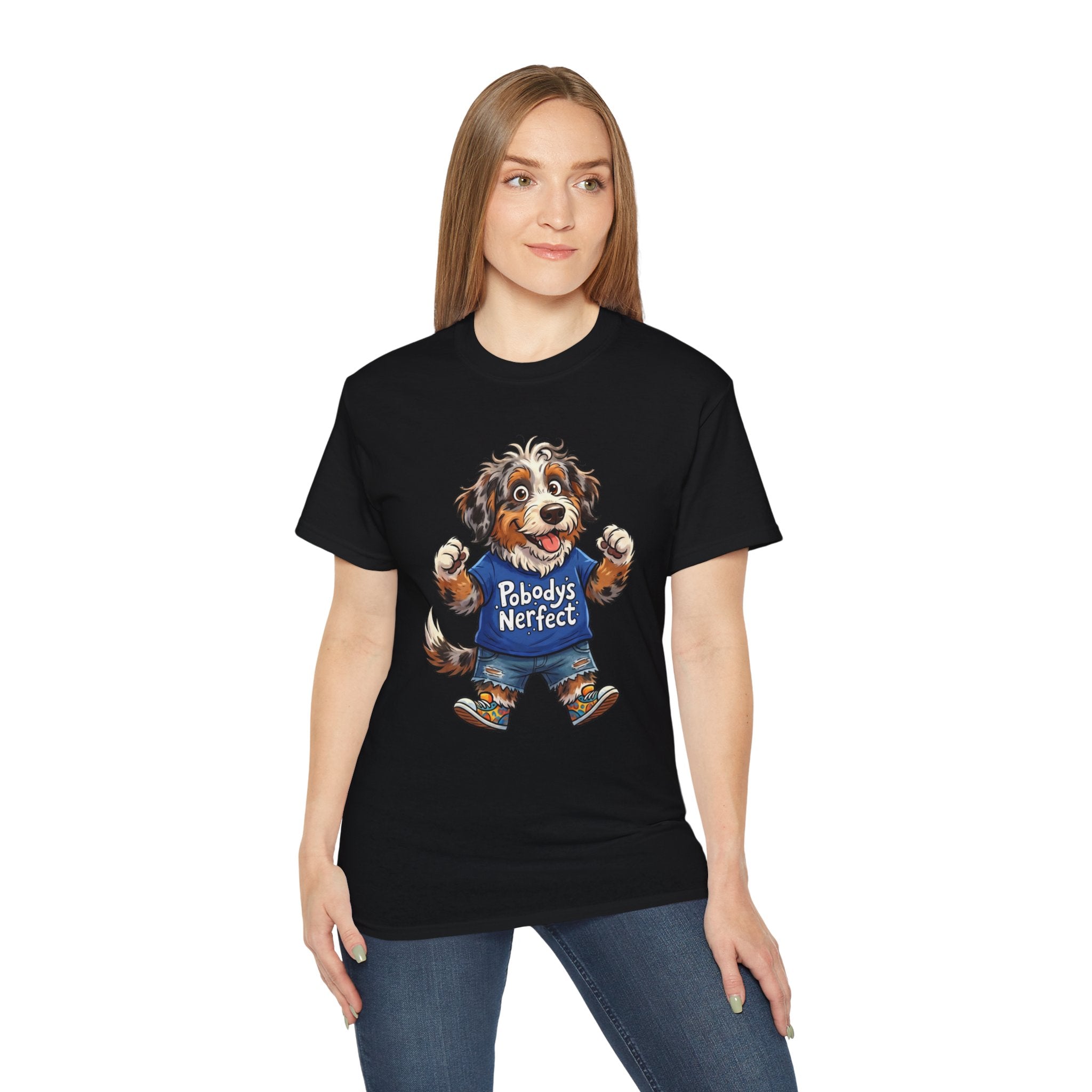 Dog Lover T‑Shirt – Cute Pup Wearing “Pobody's Nerfect” Shirt (Funny Pet Tee)