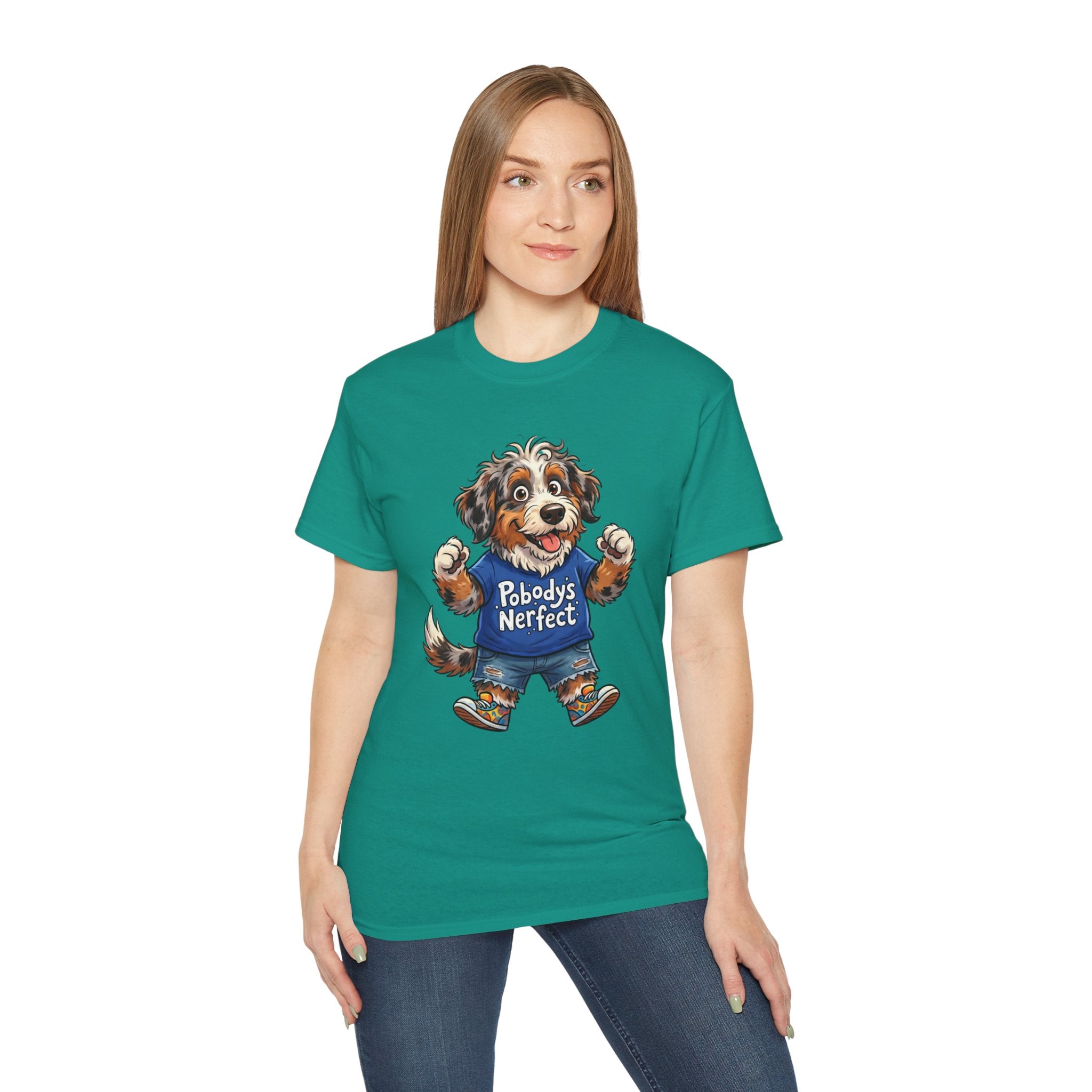 Dog Lover T‑Shirt – Cute Pup Wearing “Pobody's Nerfect” Shirt (Funny Pet Tee)