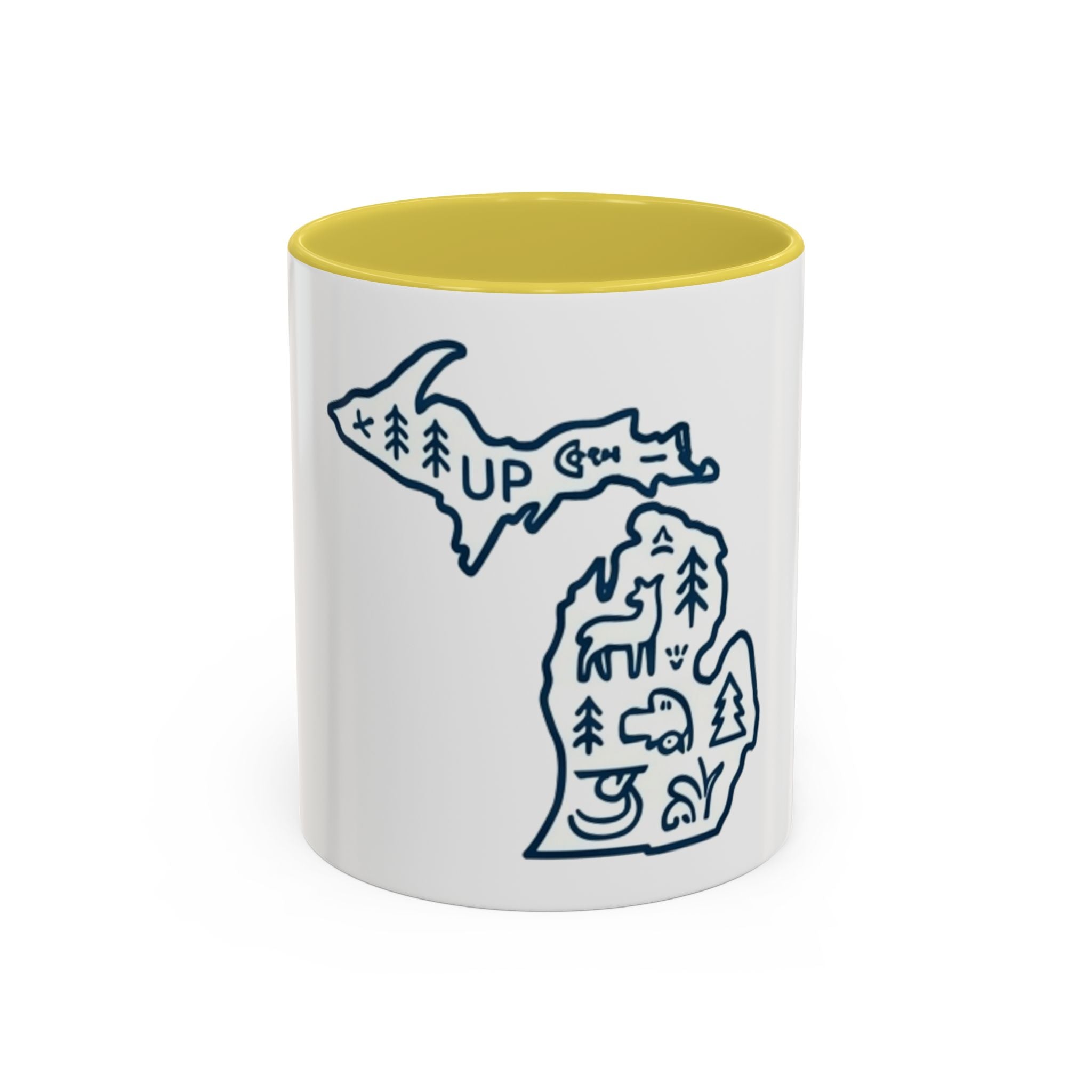 Michigan Outline Mug with UP & Outdoor Icons – Great Lakes State Coffee Cup (11oz/15oz)