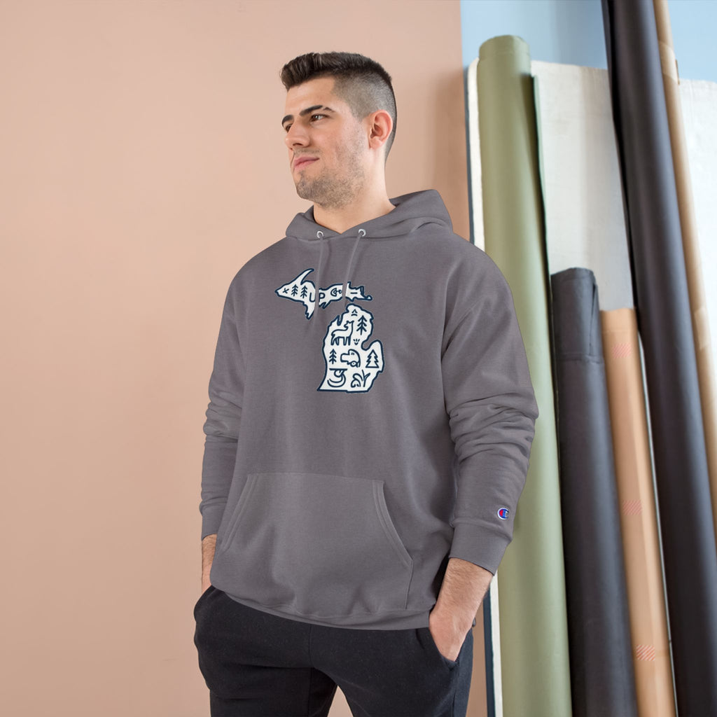 Michigan Map Champion Hoodie — Cozy State Pride Pullover with Iconic Symbols