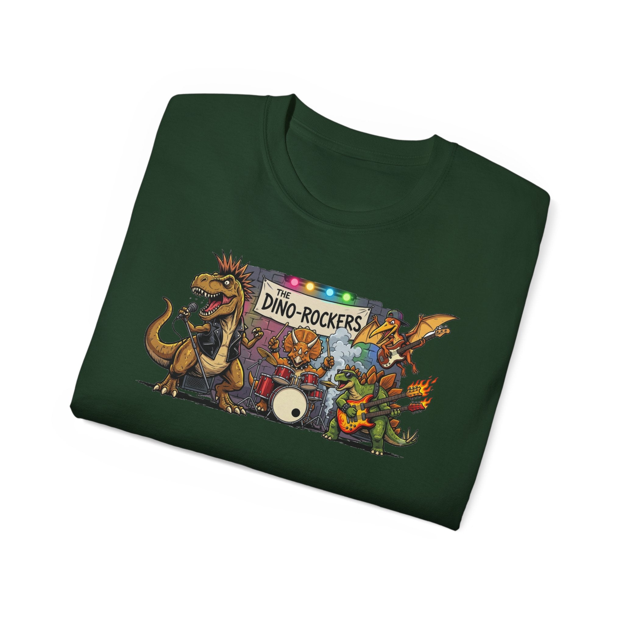 Dino Rockers T-Shirt – Retro Dinosaur Band Graphic Tee