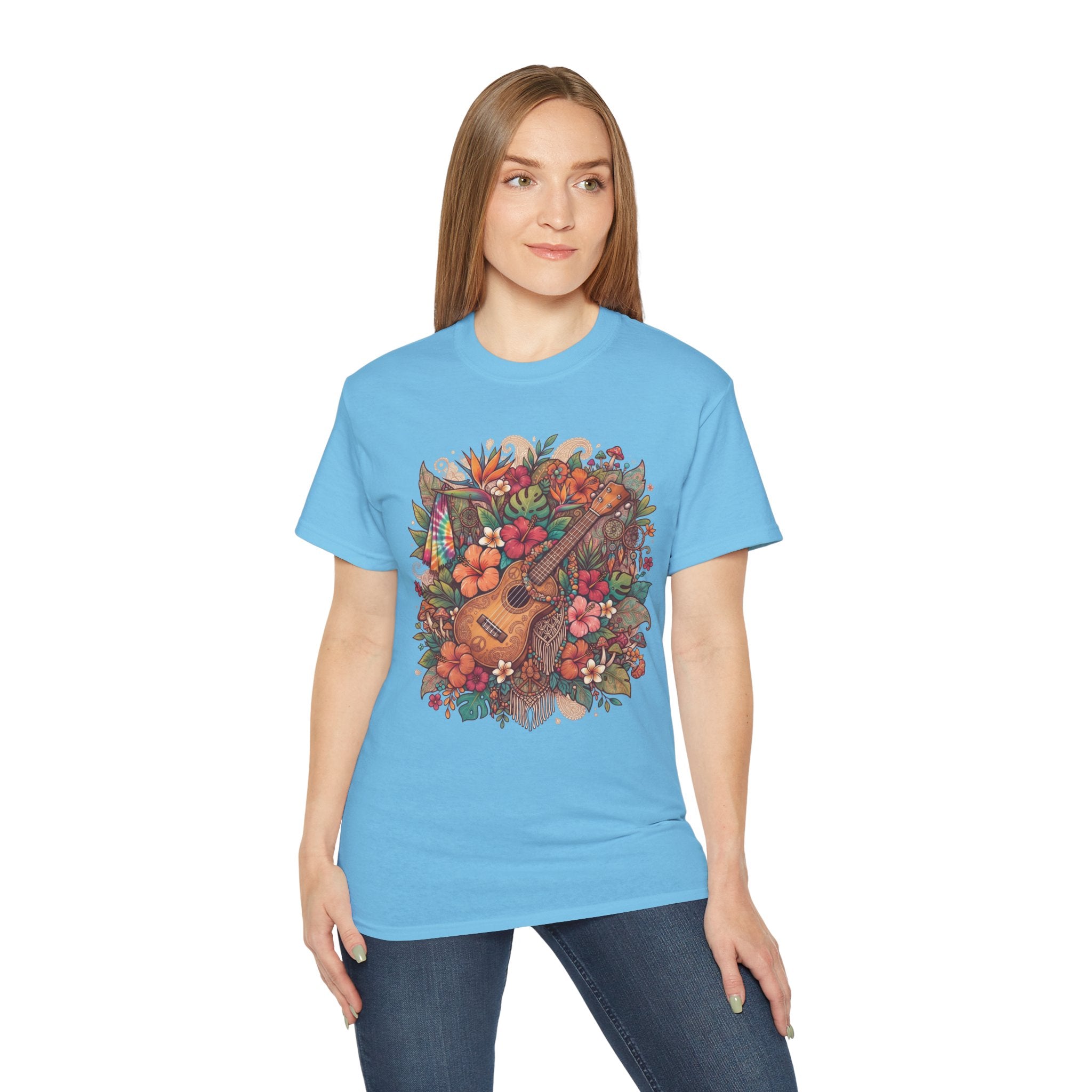Floral Ukulele T-Shirt — Tropical Guitar & Hibiscus Flower Tee