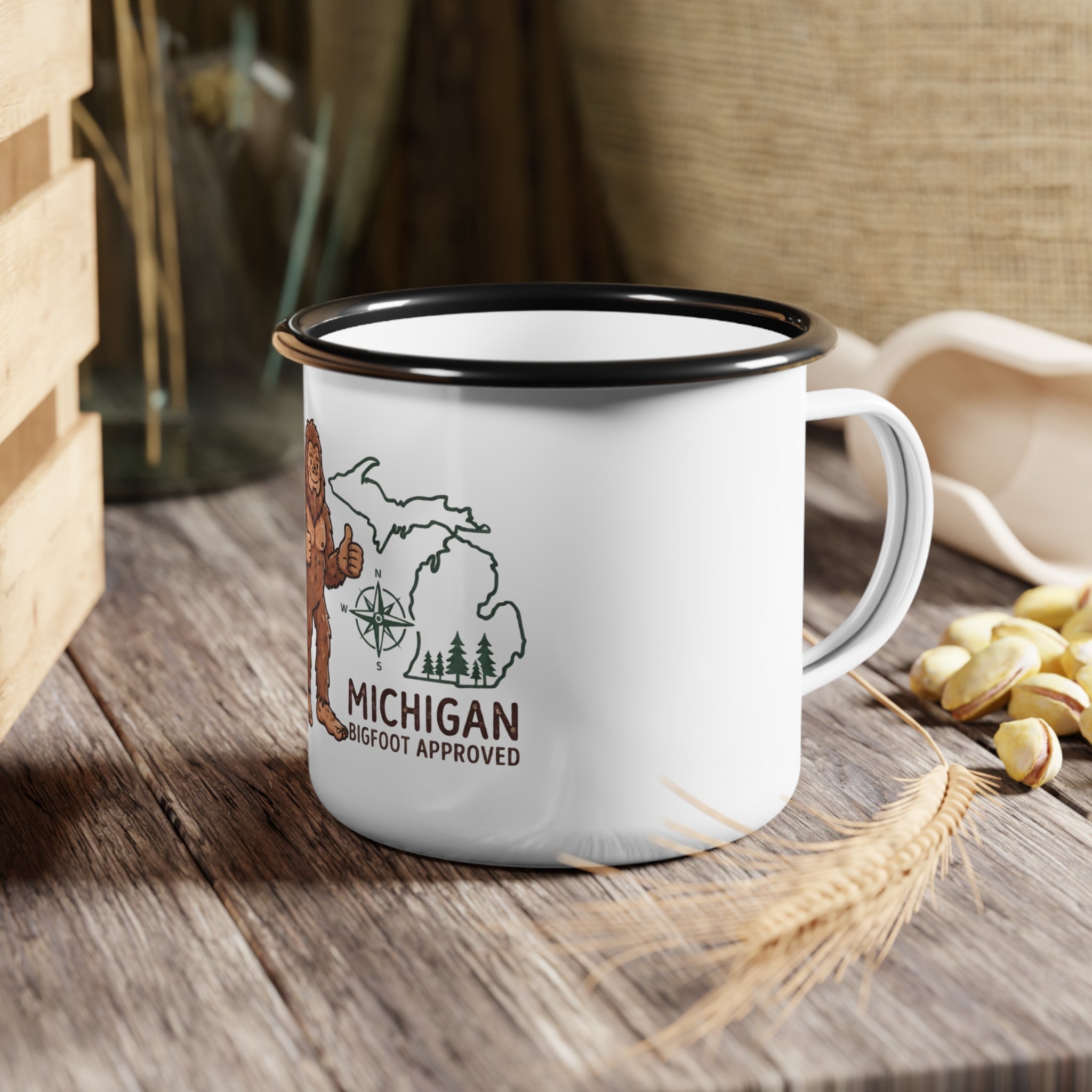 Michigan Bigfoot Approved Enamel Camp Cup – Rustic Outdoor Mug for Campers & Nature Lovers
