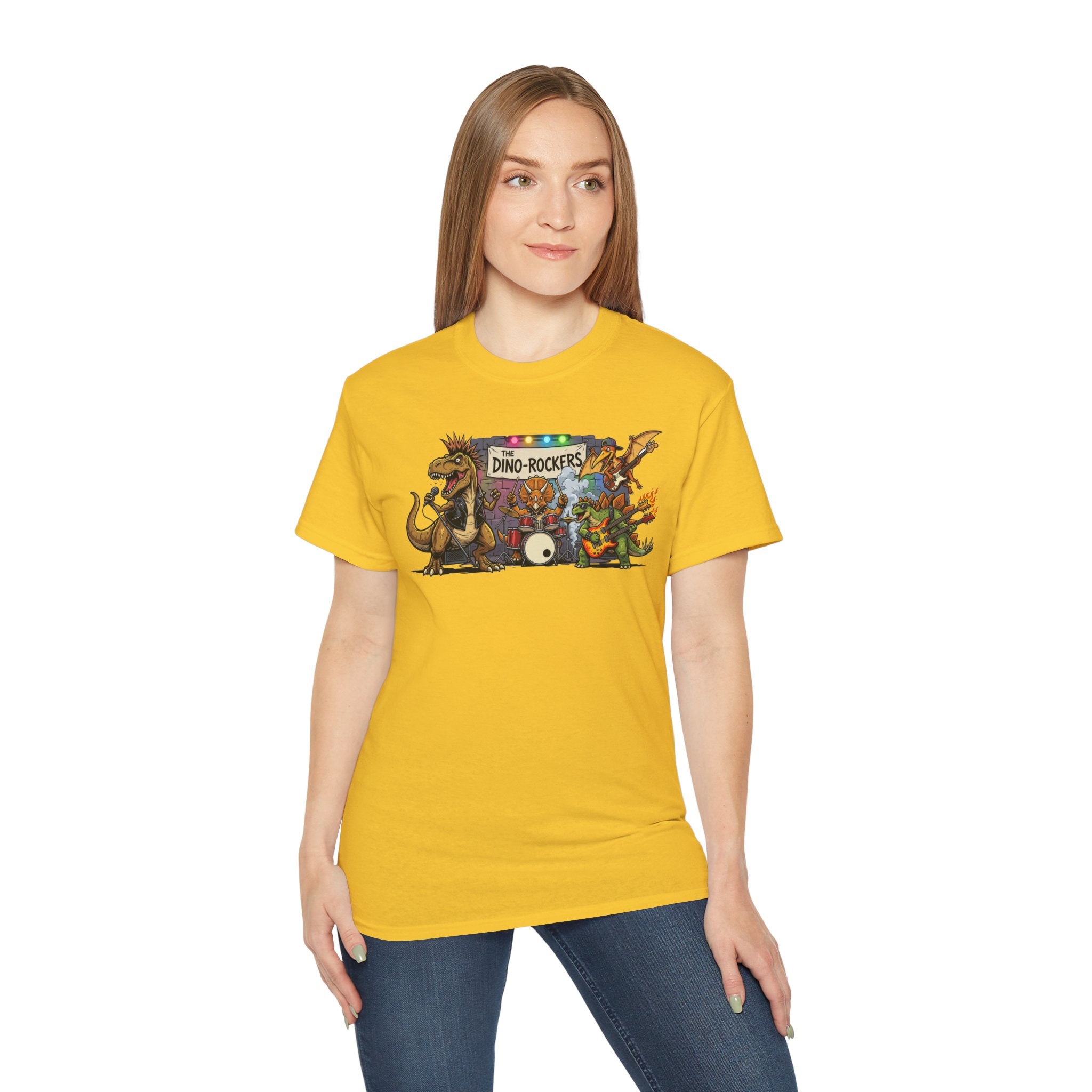 Dino Rockers T-Shirt – Retro Dinosaur Band Graphic Tee