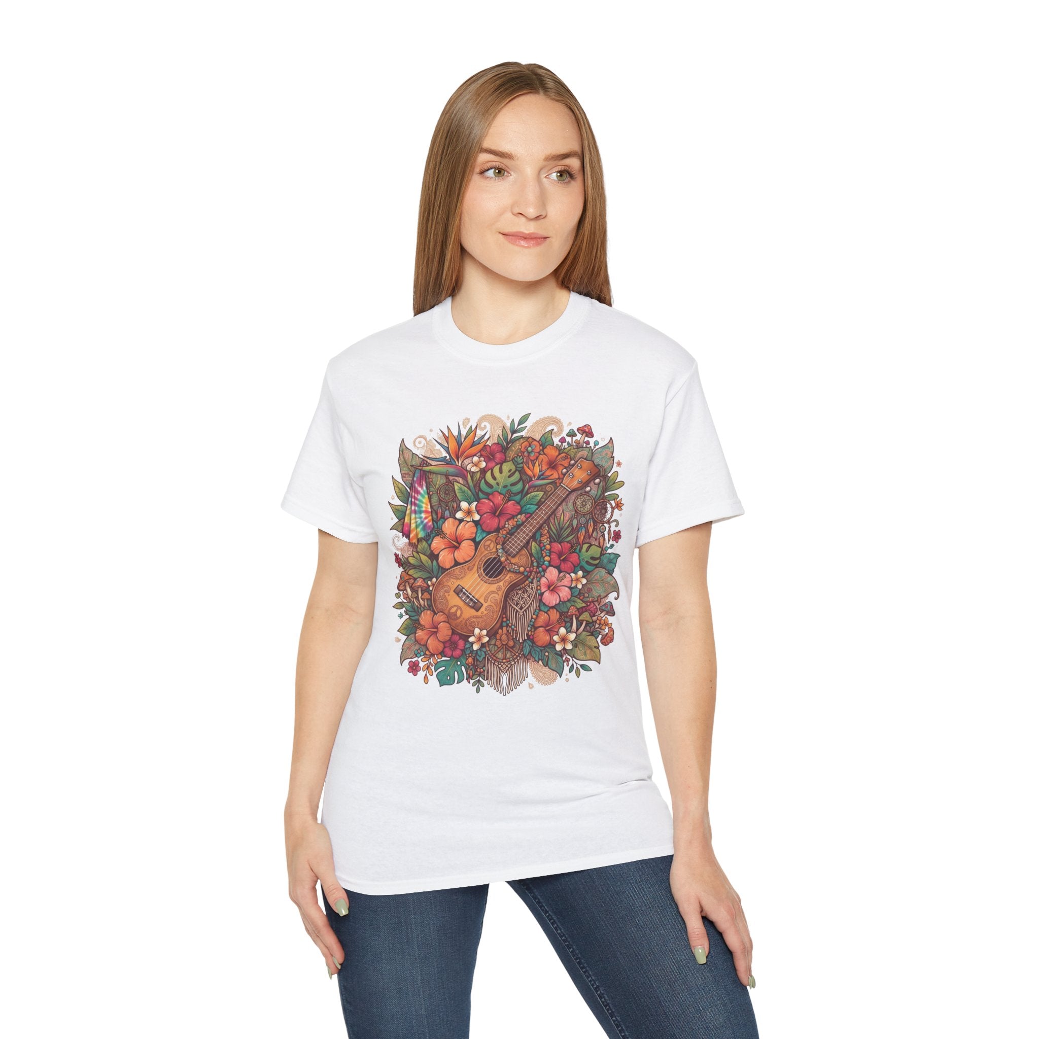 Floral Ukulele T-Shirt — Tropical Guitar & Hibiscus Flower Tee
