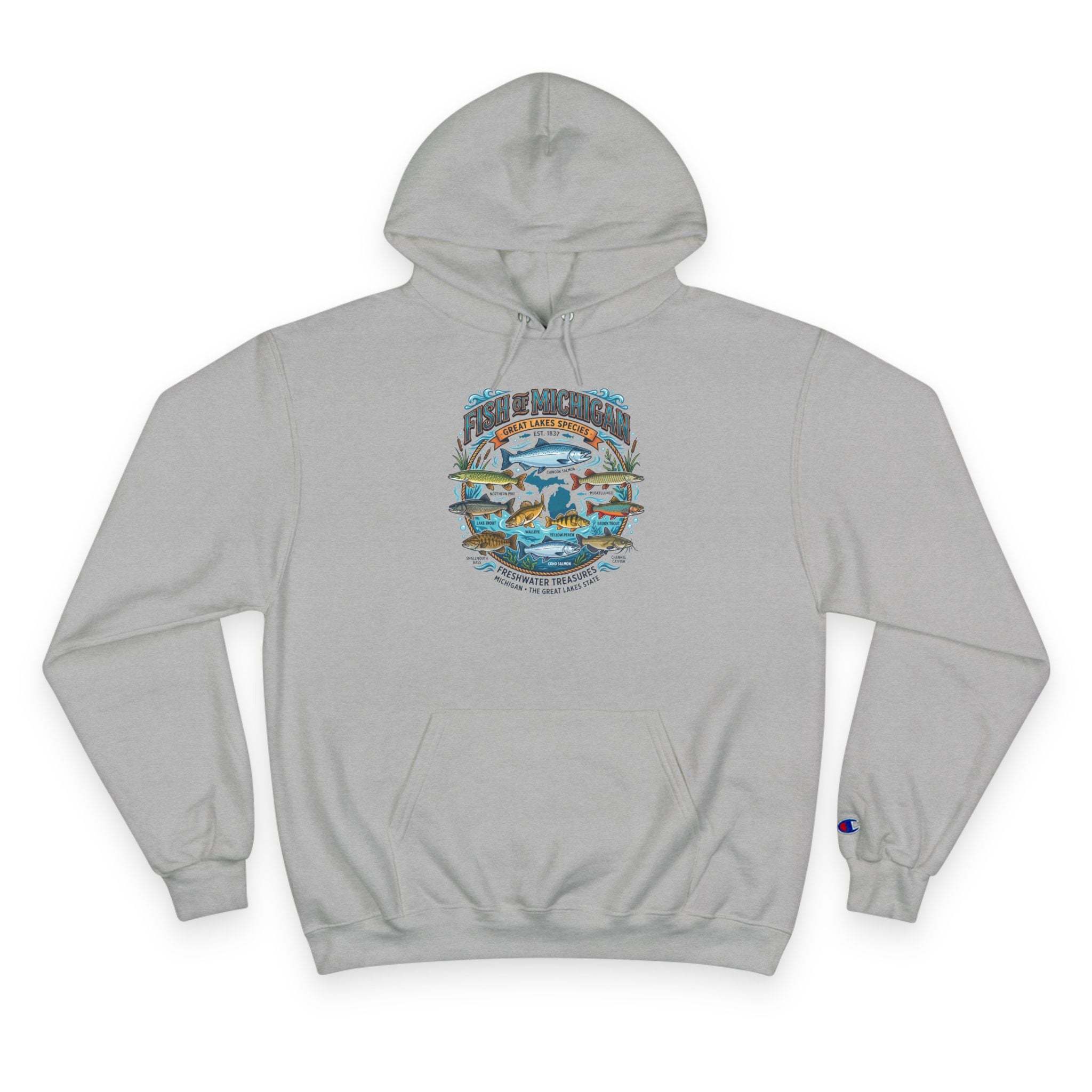 Retro Fishing Lakes Graphic Pullover Hoodie — Champion Hoodie