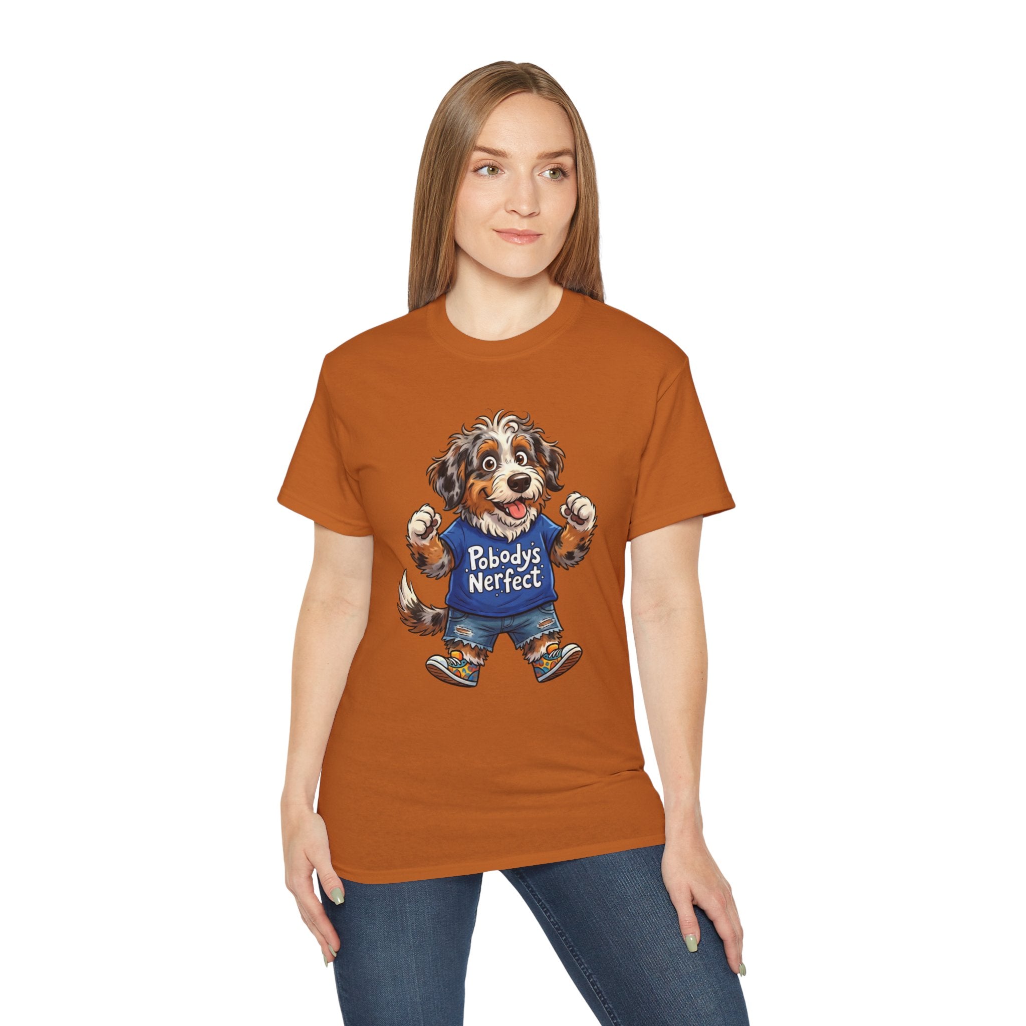 Dog Lover T‑Shirt – Cute Pup Wearing “Pobody's Nerfect” Shirt (Funny Pet Tee)
