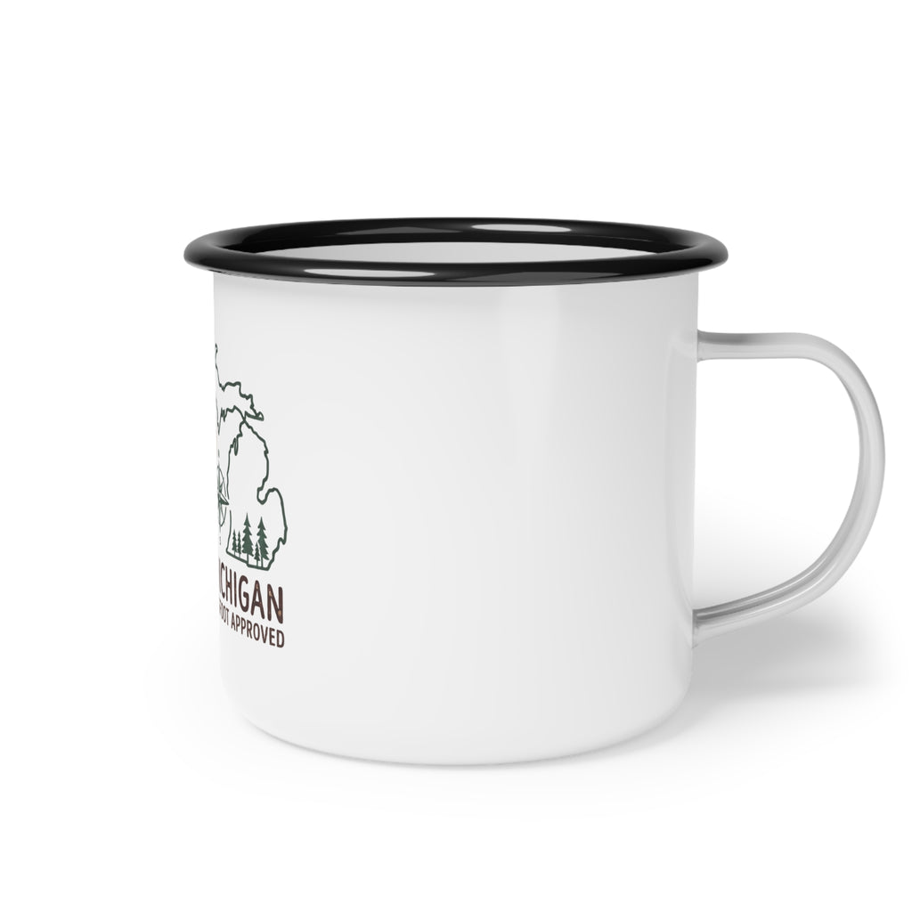 Michigan Bigfoot Approved Enamel Camp Cup – Rustic Outdoor Mug for Campers & Nature Lovers
