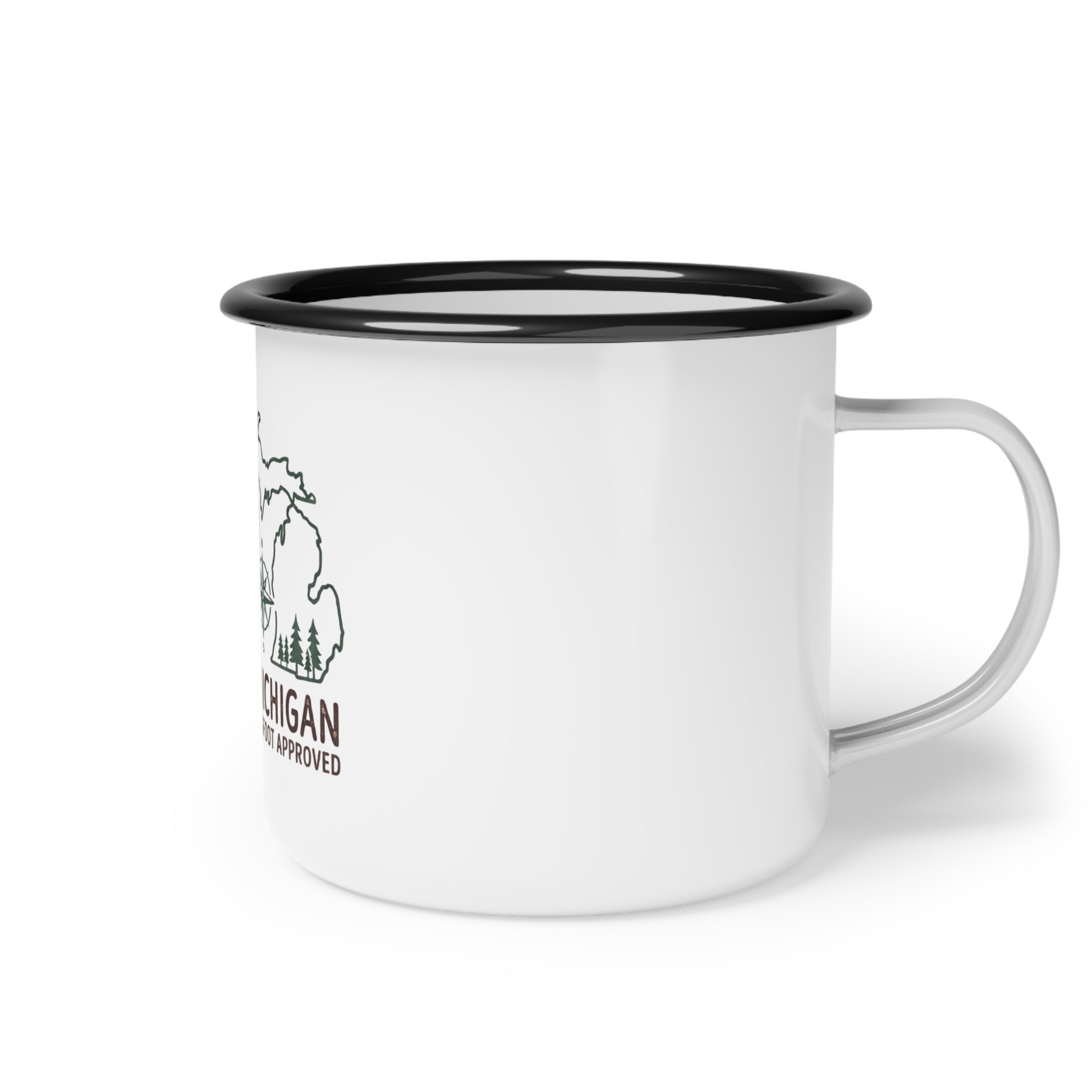 Michigan Bigfoot Approved Enamel Camp Cup – Rustic Outdoor Mug for Campers & Nature Lovers