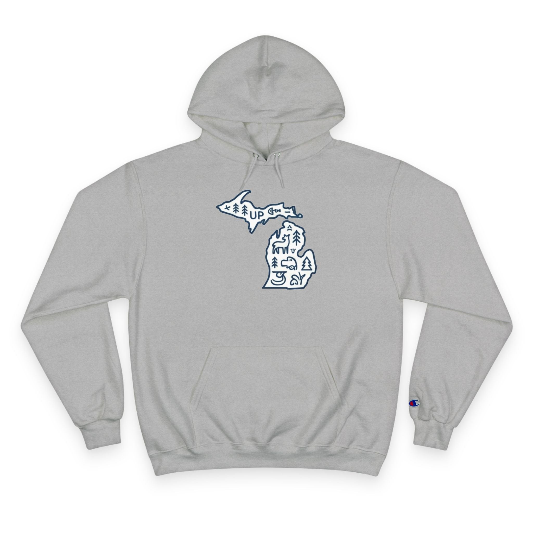 Michigan Map Champion Hoodie — Cozy State Pride Pullover with Iconic Symbols
