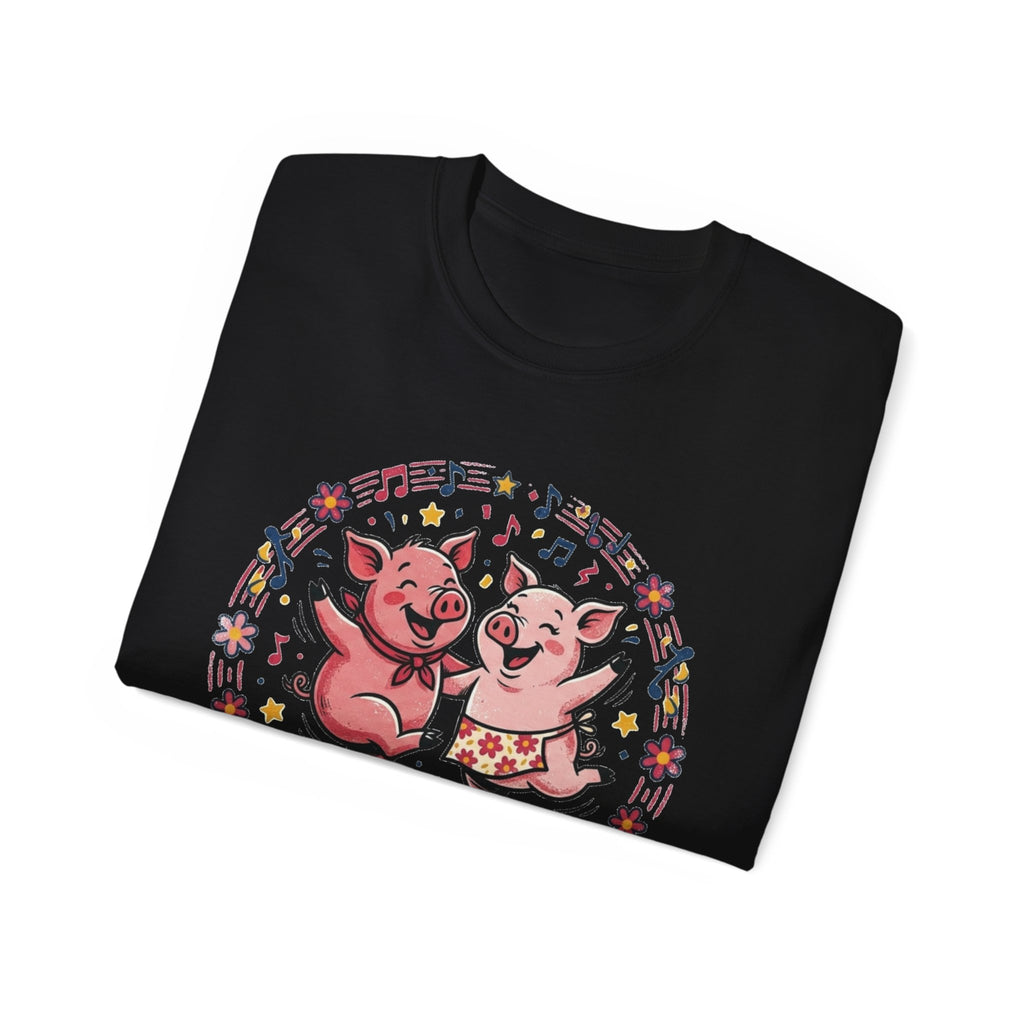 Hog Wild Dance Party Tee — Cute Dancing Pigs Graphic T-Shirt