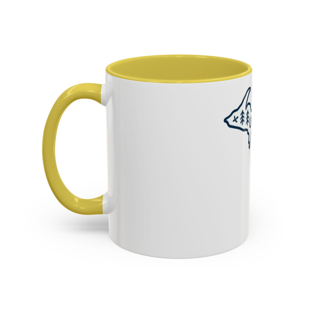 Michigan Outline Mug with UP & Outdoor Icons – Great Lakes State Coffee Cup (11oz/15oz)