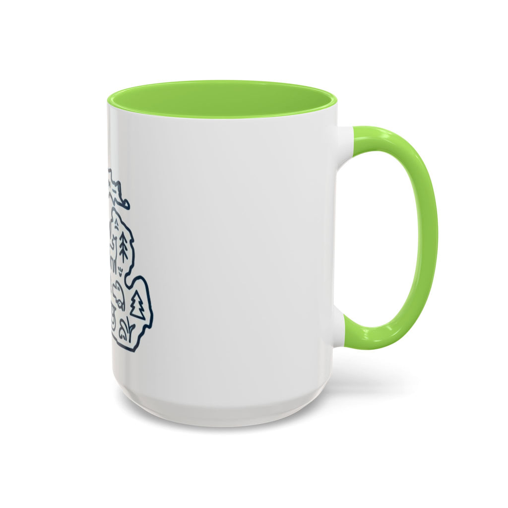 Michigan Outline Mug with UP & Outdoor Icons – Great Lakes State Coffee Cup (11oz/15oz)