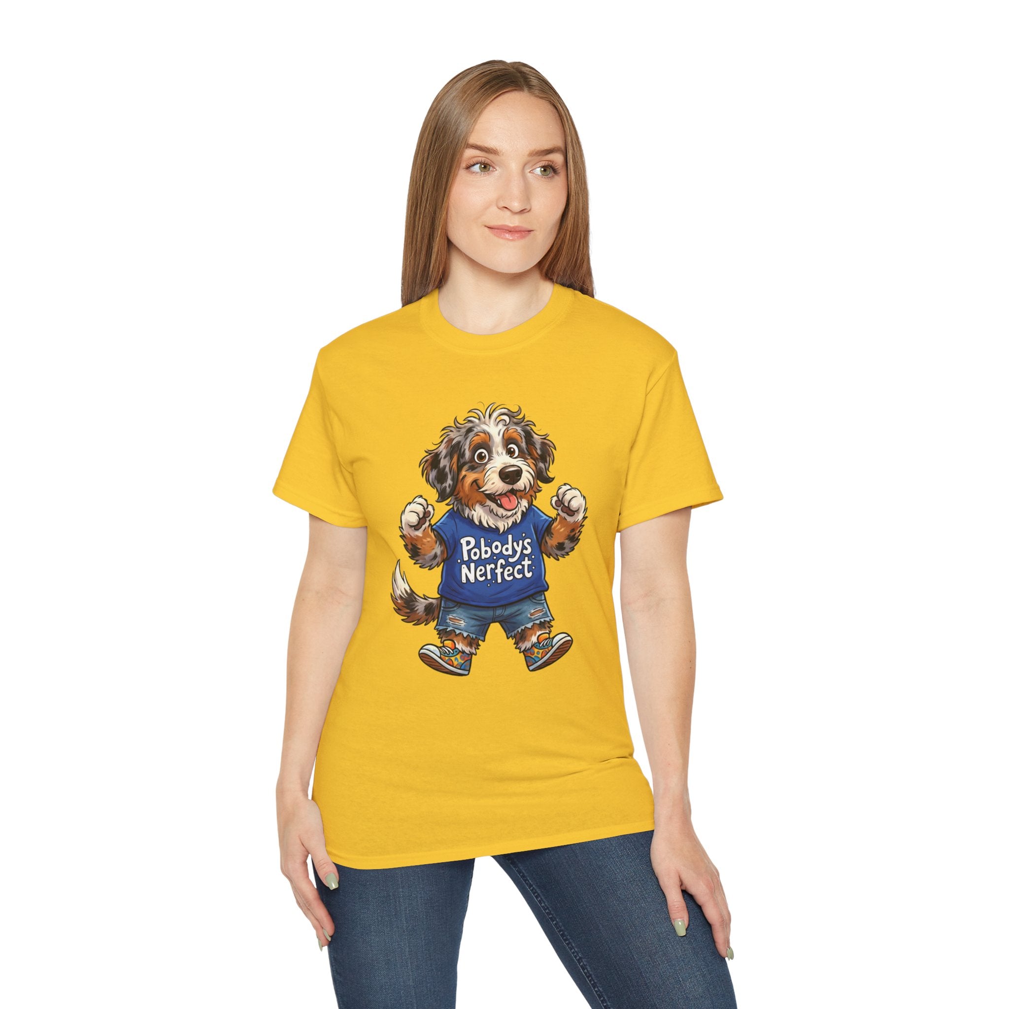 Dog Lover T‑Shirt – Cute Pup Wearing “Pobody's Nerfect” Shirt (Funny Pet Tee)