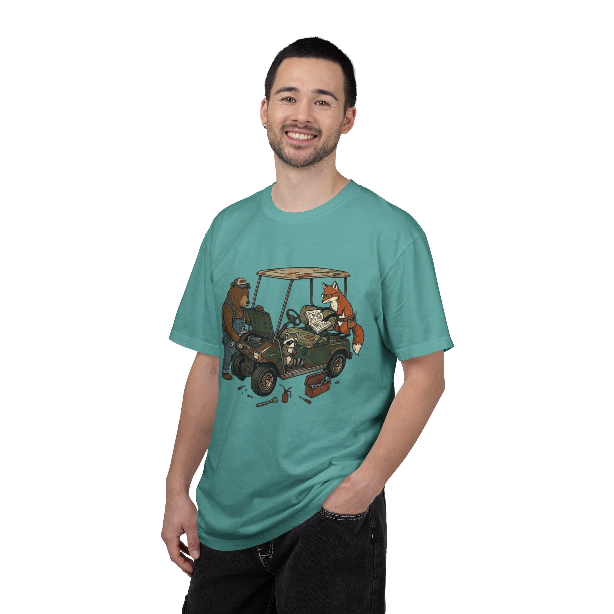 Golf Cart Mechanics T-Shirt — Bear & Fox Cartoon Repair Design