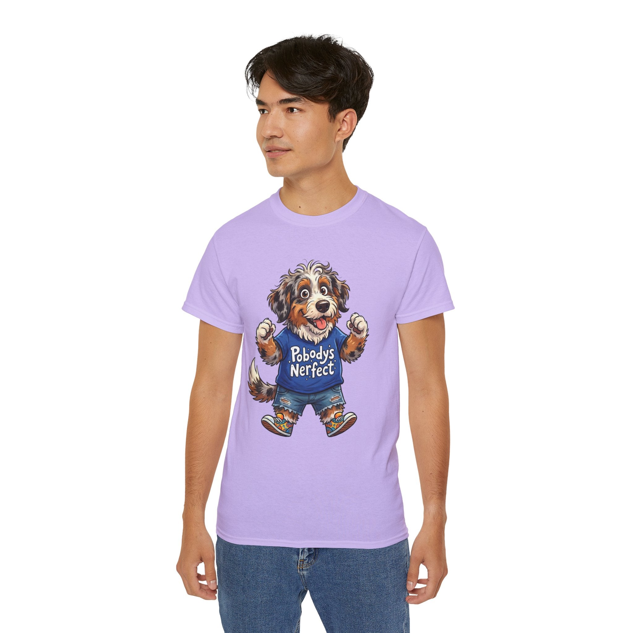 Dog Lover T‑Shirt – Cute Pup Wearing “Pobody's Nerfect” Shirt (Funny Pet Tee)