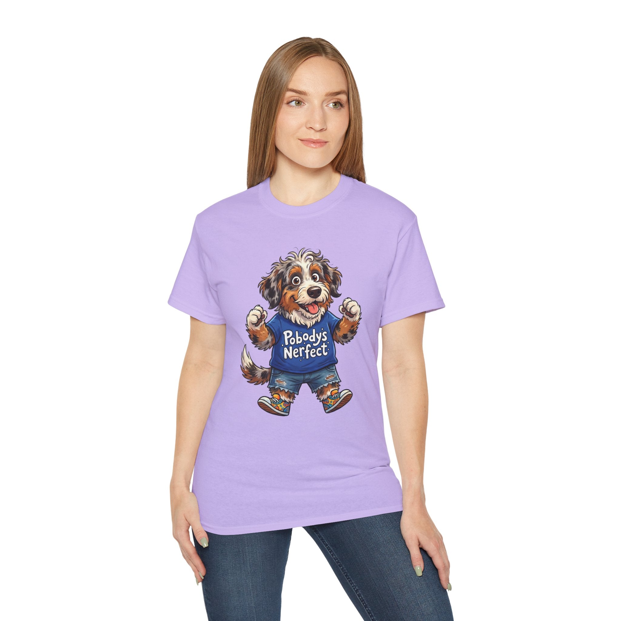 Dog Lover T‑Shirt – Cute Pup Wearing “Pobody's Nerfect” Shirt (Funny Pet Tee)
