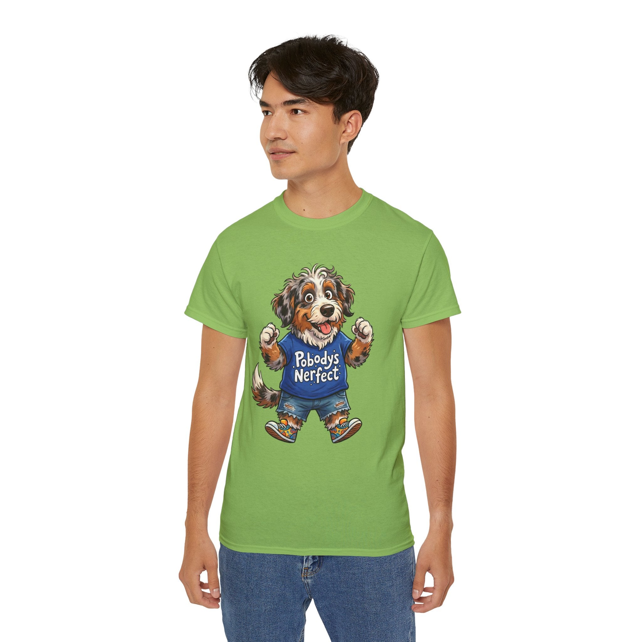 Dog Lover T‑Shirt – Cute Pup Wearing “Pobody's Nerfect” Shirt (Funny Pet Tee)