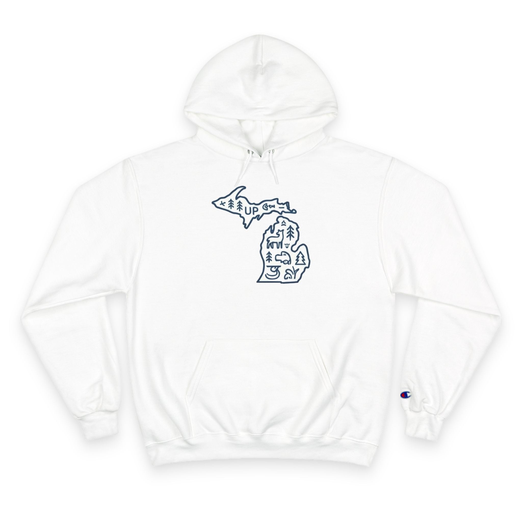 Michigan Map Champion Hoodie — Cozy State Pride Pullover with Iconic Symbols