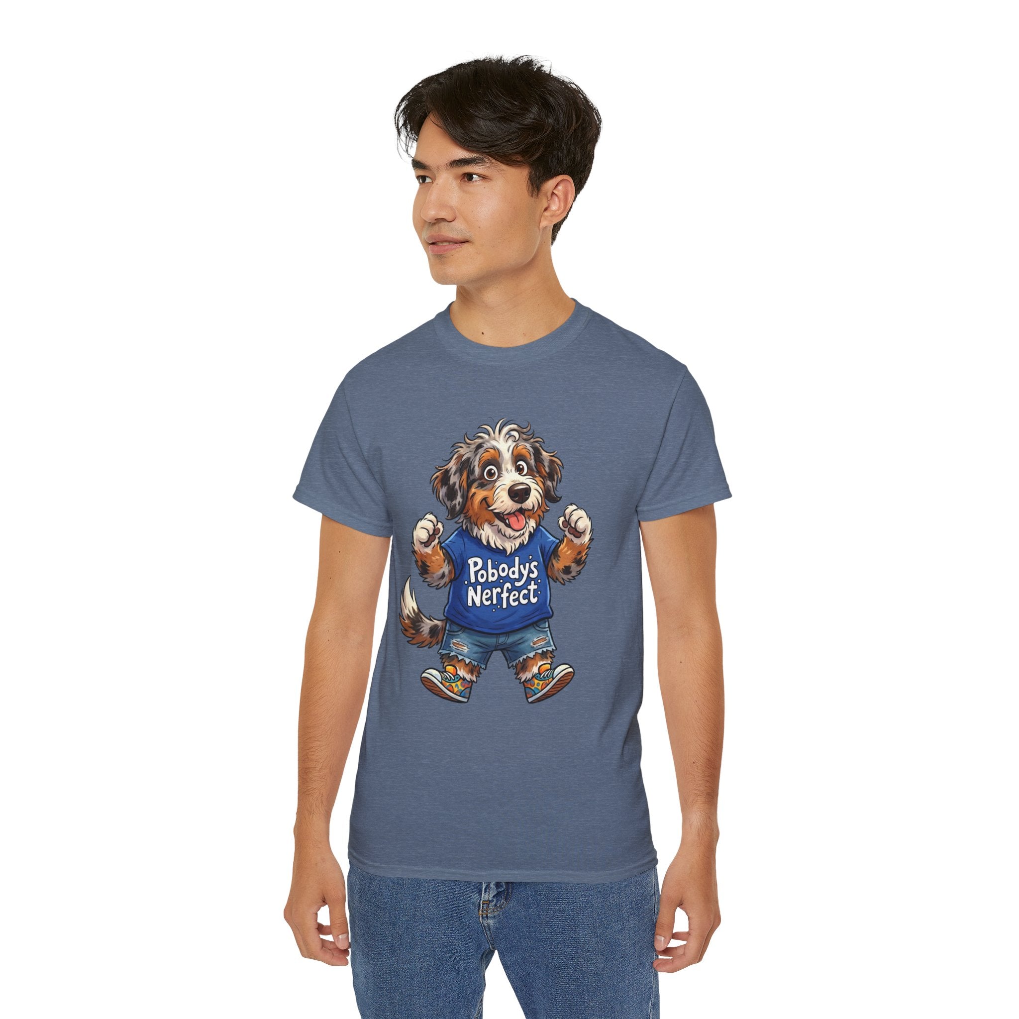 Dog Lover T‑Shirt – Cute Pup Wearing “Pobody's Nerfect” Shirt (Funny Pet Tee)