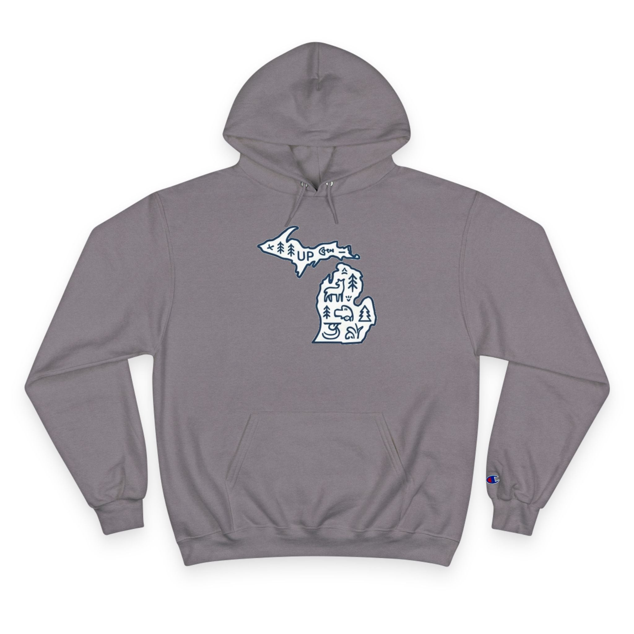 Michigan Map Champion Hoodie — Cozy State Pride Pullover with Iconic Symbols
